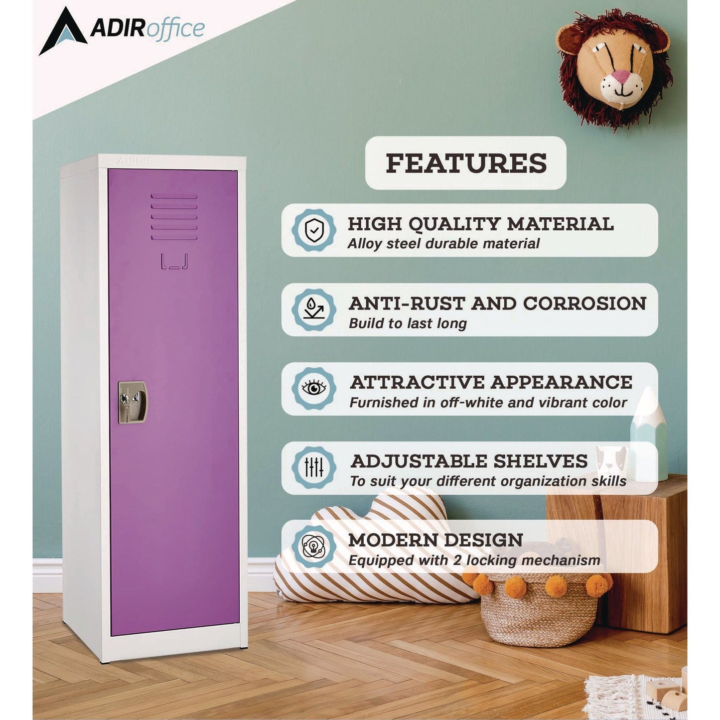 AdirOffice Steel Storage Locker, 1 Compartment, 15 x 15 x 48, Purple