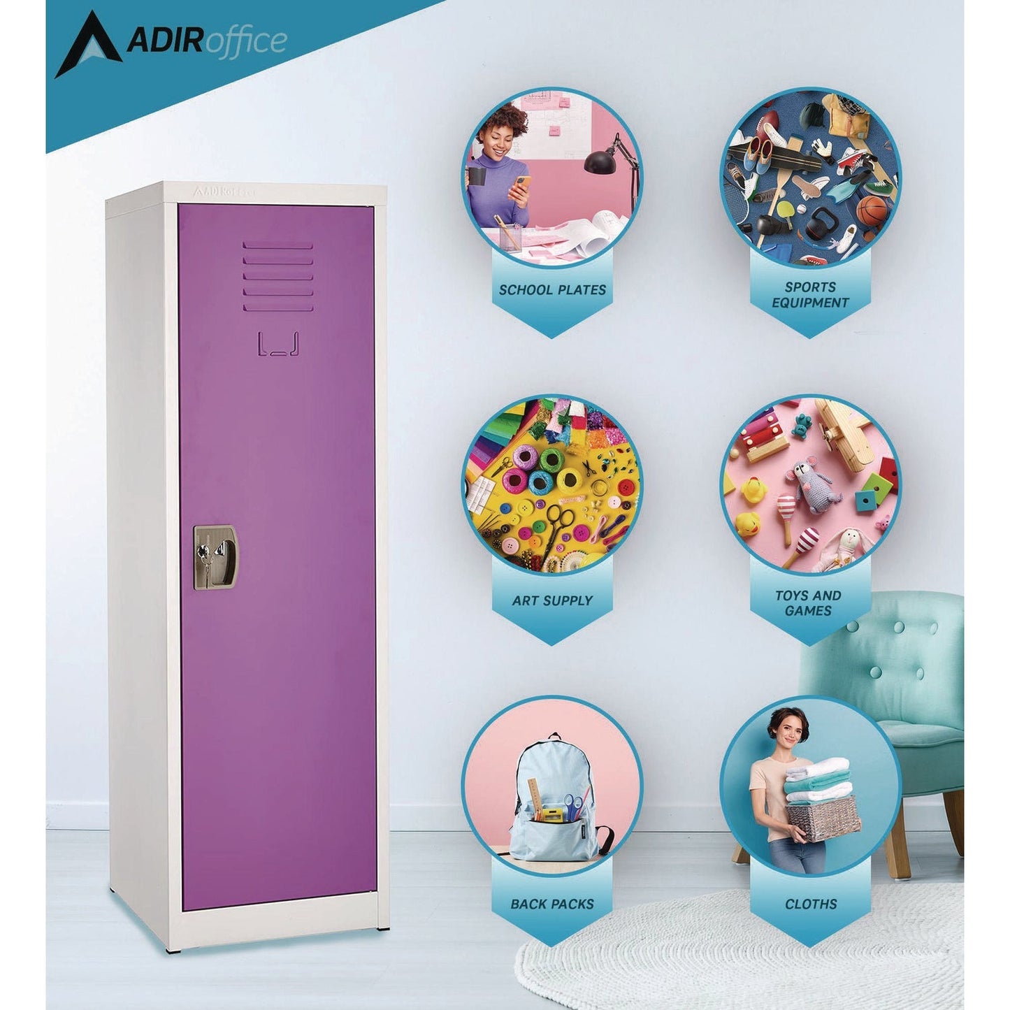 AdirOffice Steel Storage Locker, 1 Compartment, 15 x 15 x 48, Purple