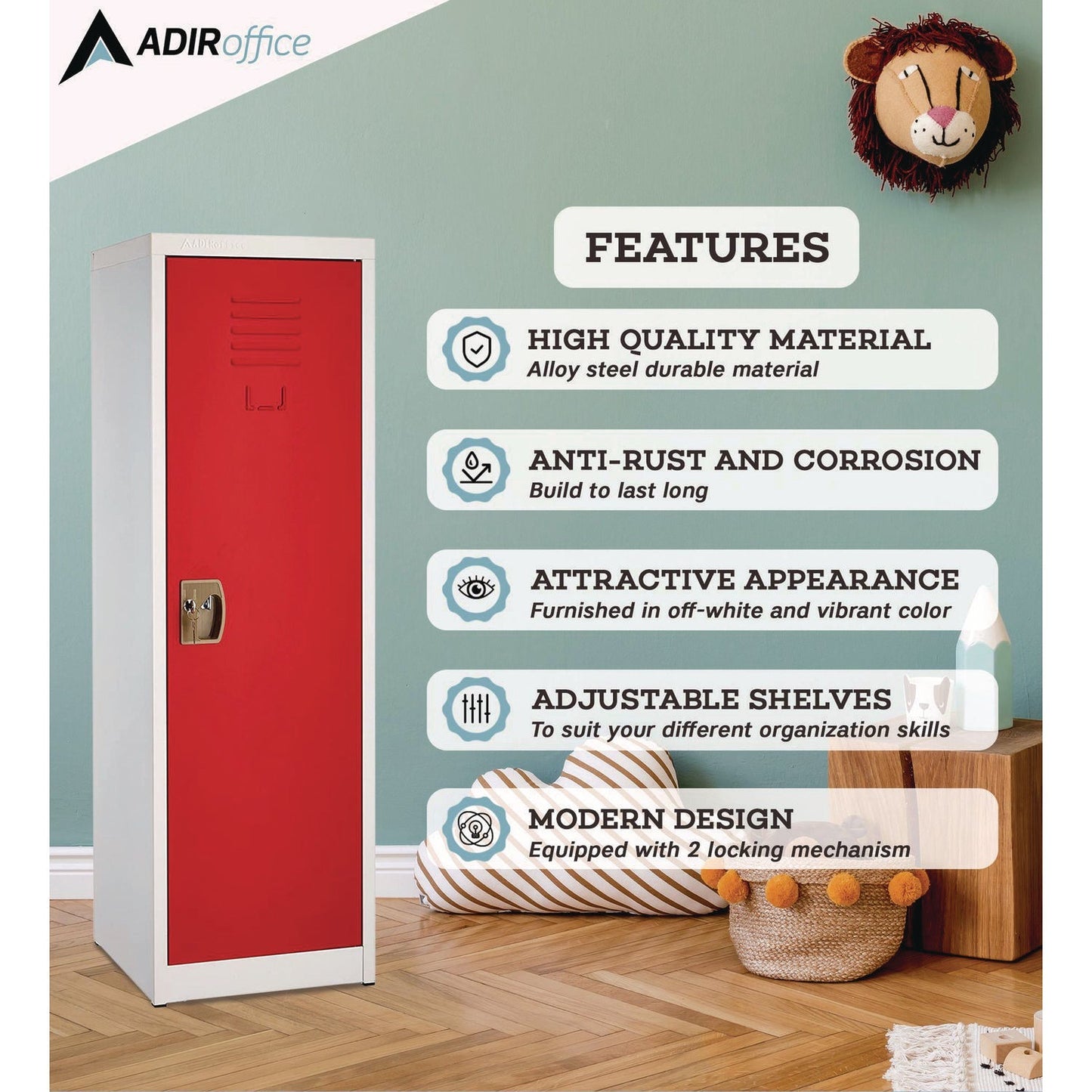 AdirOffice Steel Storage Locker, 1 Compartment, 15 x 15 x 48, Red