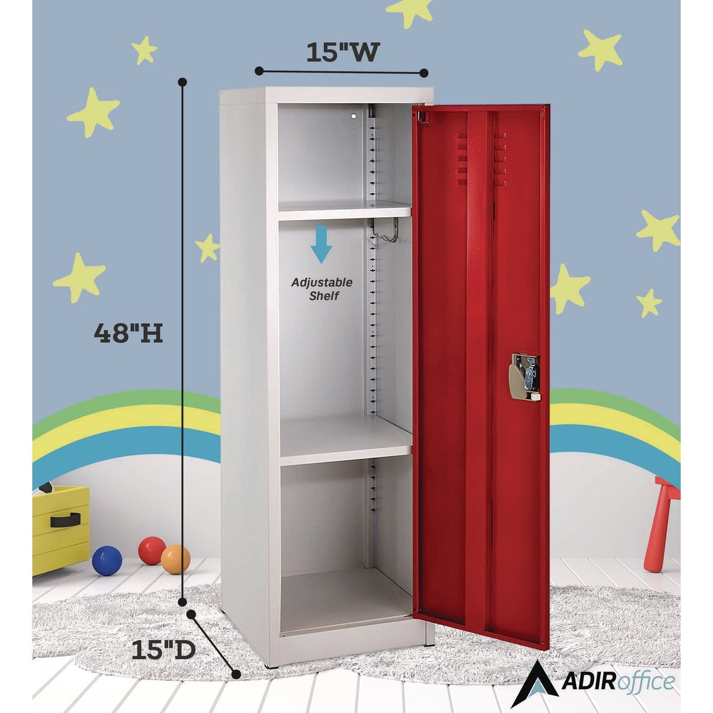 AdirOffice Steel Storage Locker, 1 Compartment, 15 x 15 x 48, Red