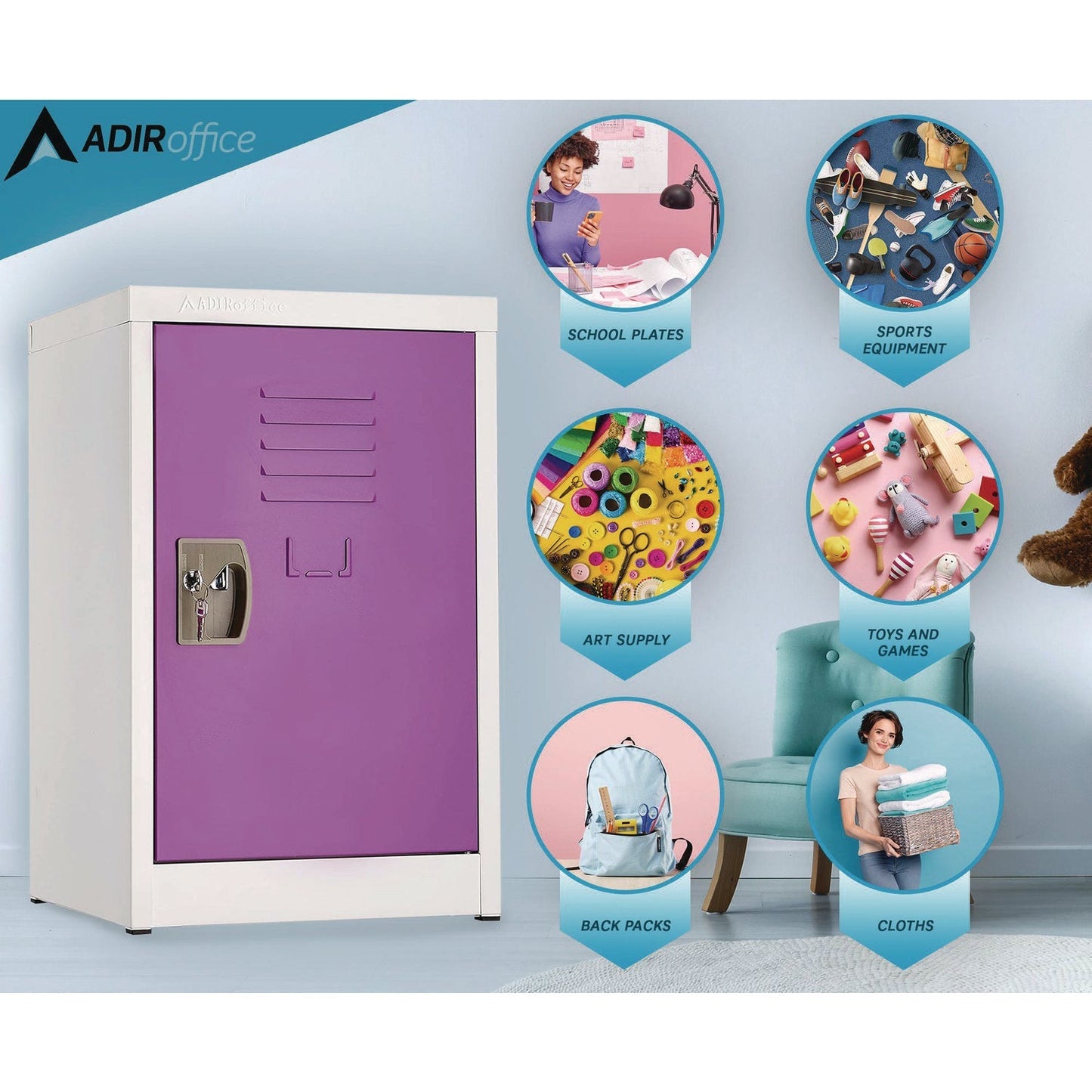 AdirOffice Steel Storage Locker, 1 Compartment, 15 x 15 x 24, Purple