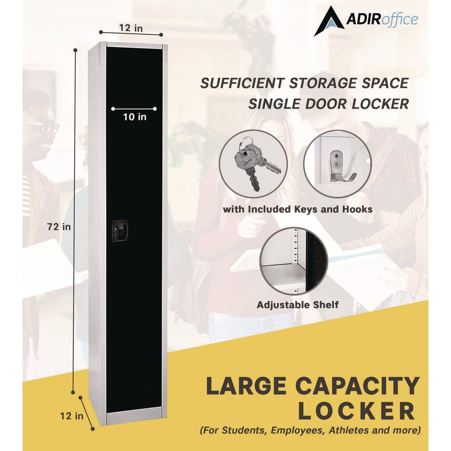 AdirOffice Steel Storage Locker, 1 Compartment, 12 x 12 x 72, Black