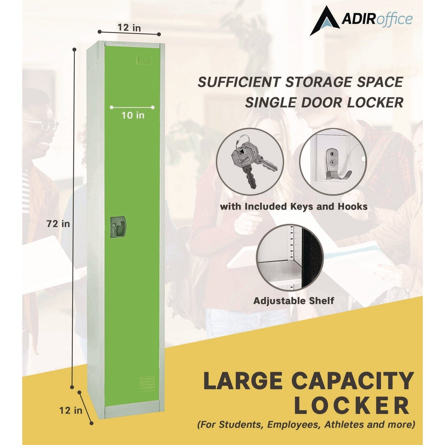 AdirOffice Steel Storage Locker, 1 Compartment, 12 x 12 x 72, Green