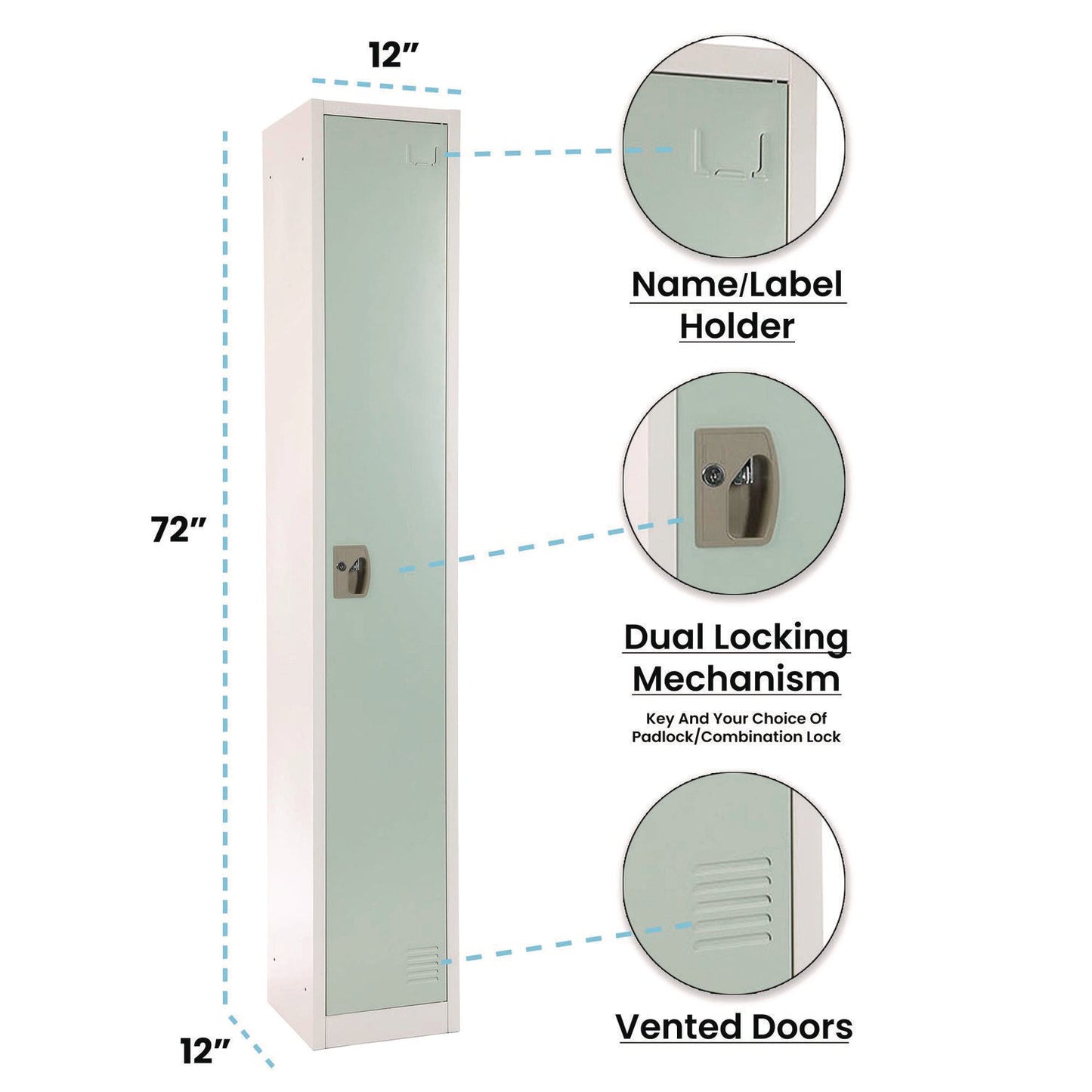 AdirOffice Steel Storage Locker, 1 Compartment, 12 x 12 x 72, Misty Green