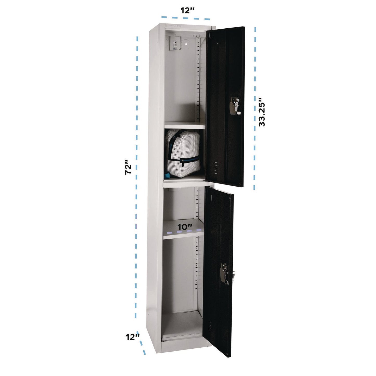 AdirOffice Steel Storage Locker, 2 Compartment, 12 x 12 x 72, Black