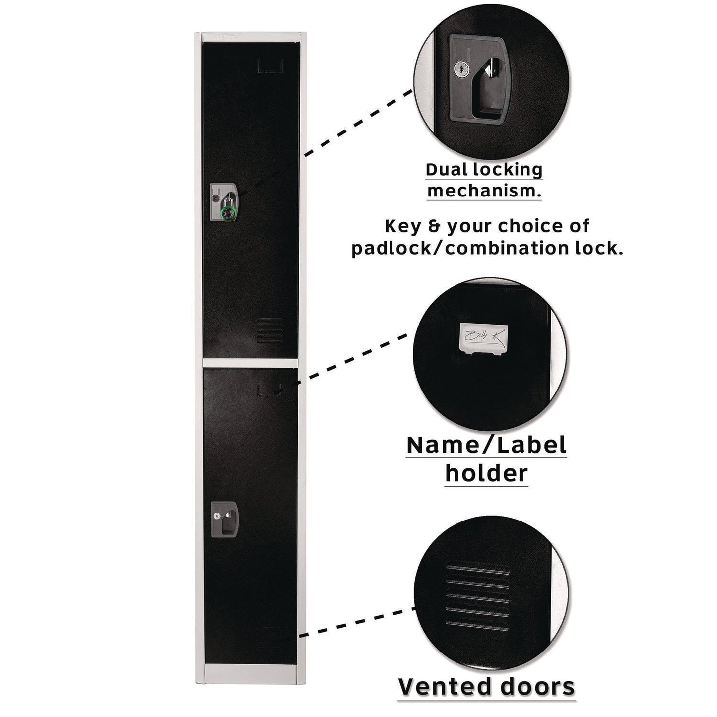 AdirOffice Steel Storage Locker, 2 Compartment, 12 x 12 x 72, Black