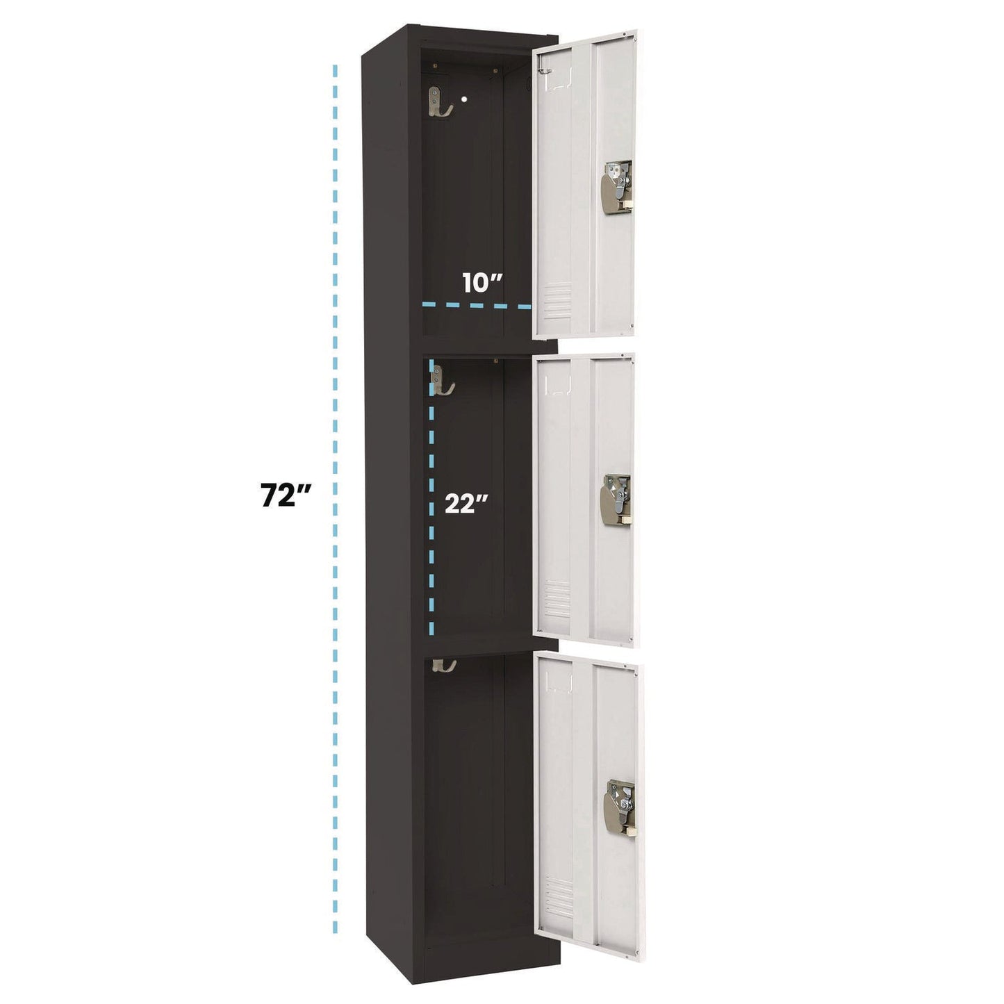 AdirOffice Steel Storage Locker, 3 Compartment, 12 x 12 x 72, Black Body/White Doors