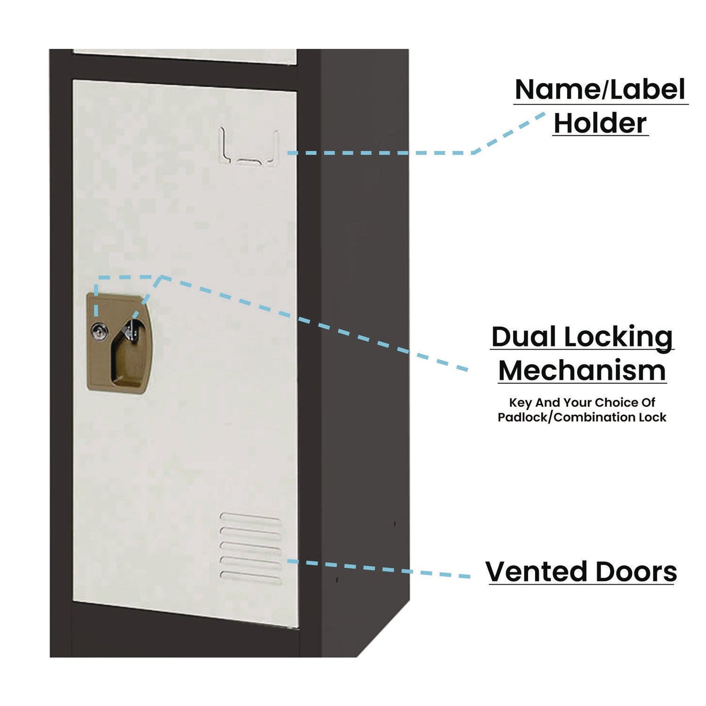 AdirOffice Steel Storage Locker, 3 Compartment, 12 x 12 x 72, Black Body/White Doors