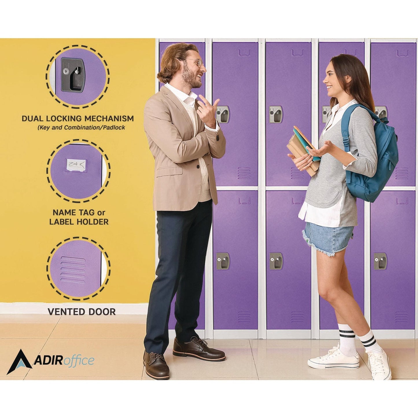 AdirOffice Steel Storage Locker, 2 Compartment, 12 x 12 x 72, Purple