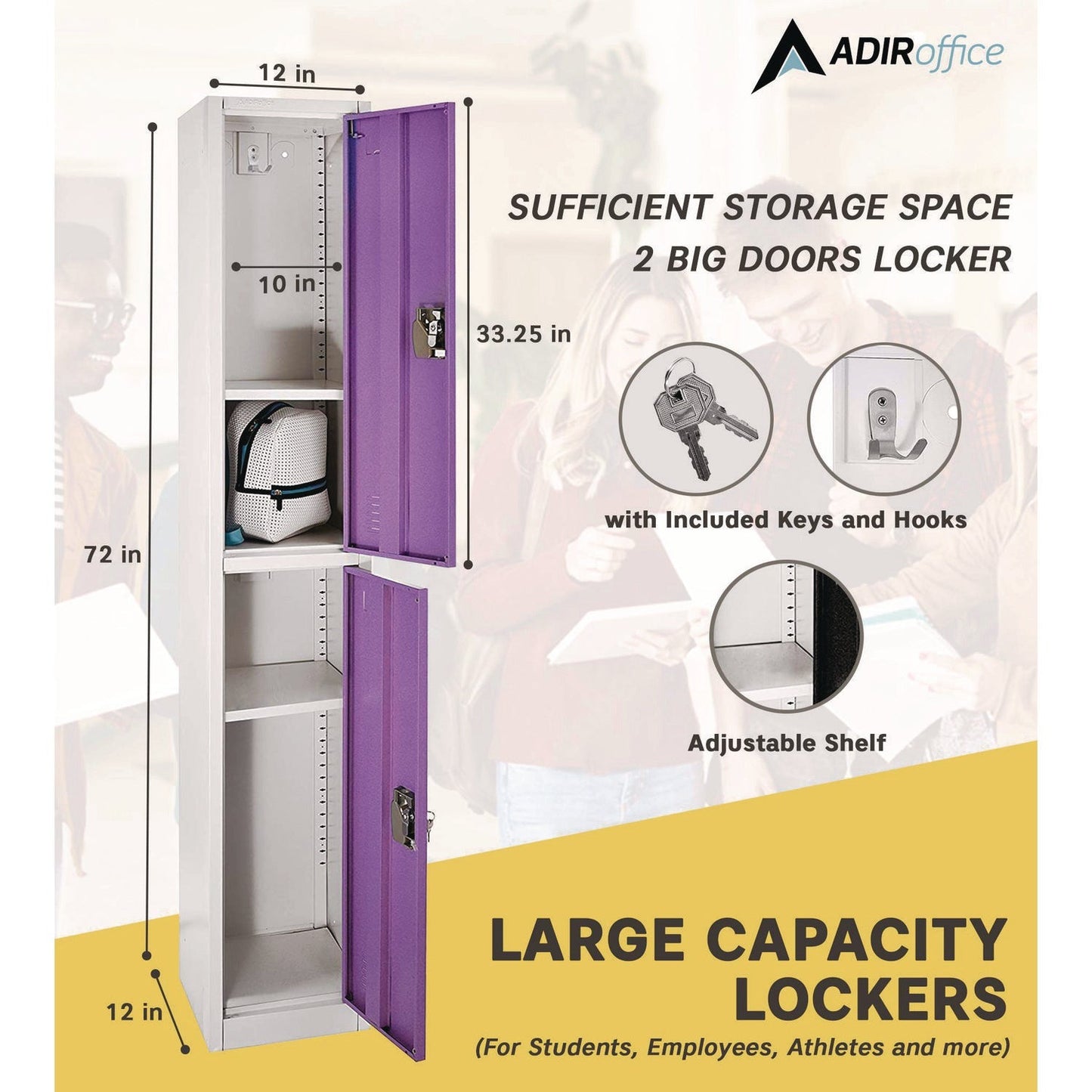 AdirOffice Steel Storage Locker, 2 Compartment, 12 x 12 x 72, Purple