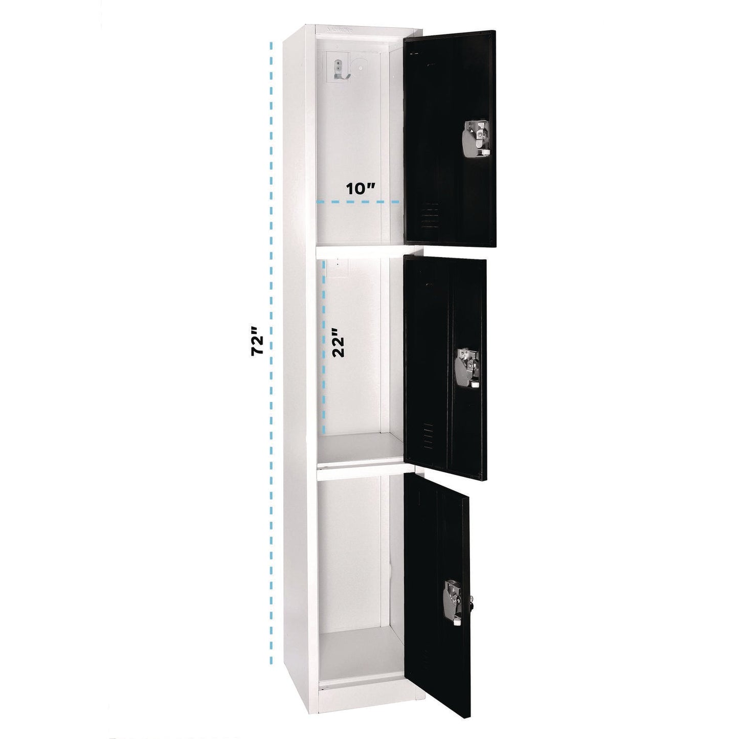 AdirOffice Steel Storage Locker, 3 Compartment, 12 x 12 x 72, Black