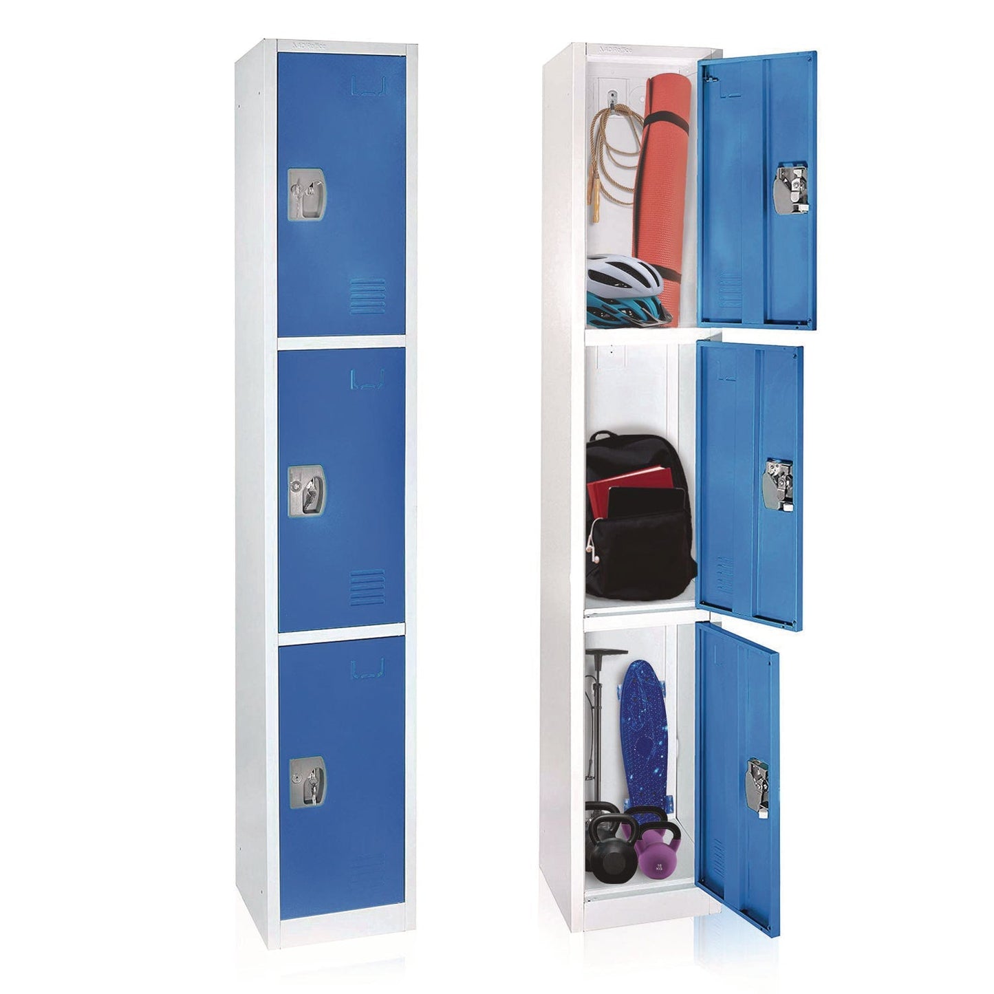 AdirOffice Steel Storage Locker, 3 Compartment, 12 x 12 x 72, Blue