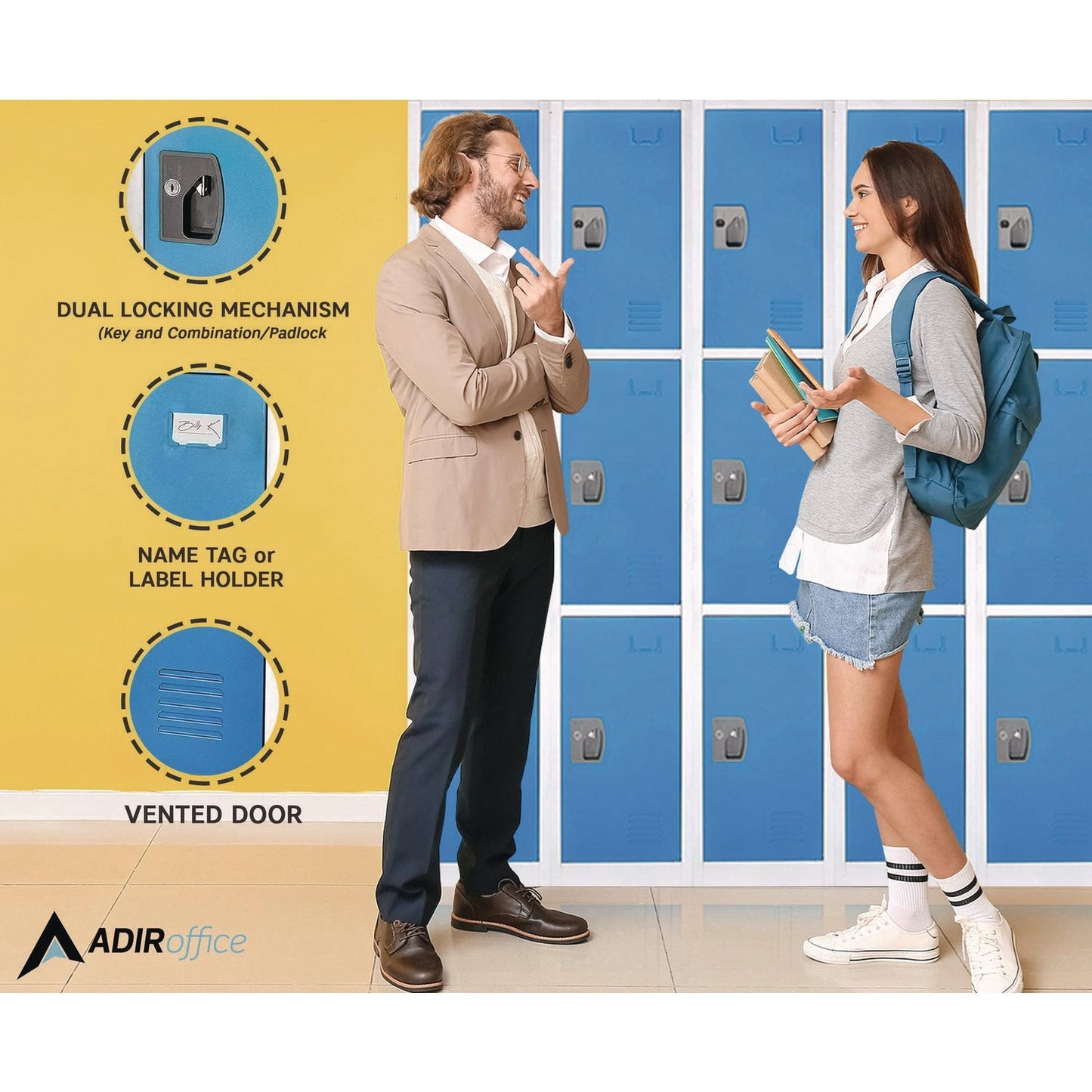 AdirOffice Steel Storage Locker, 3 Compartment, 12 x 12 x 72, Blue