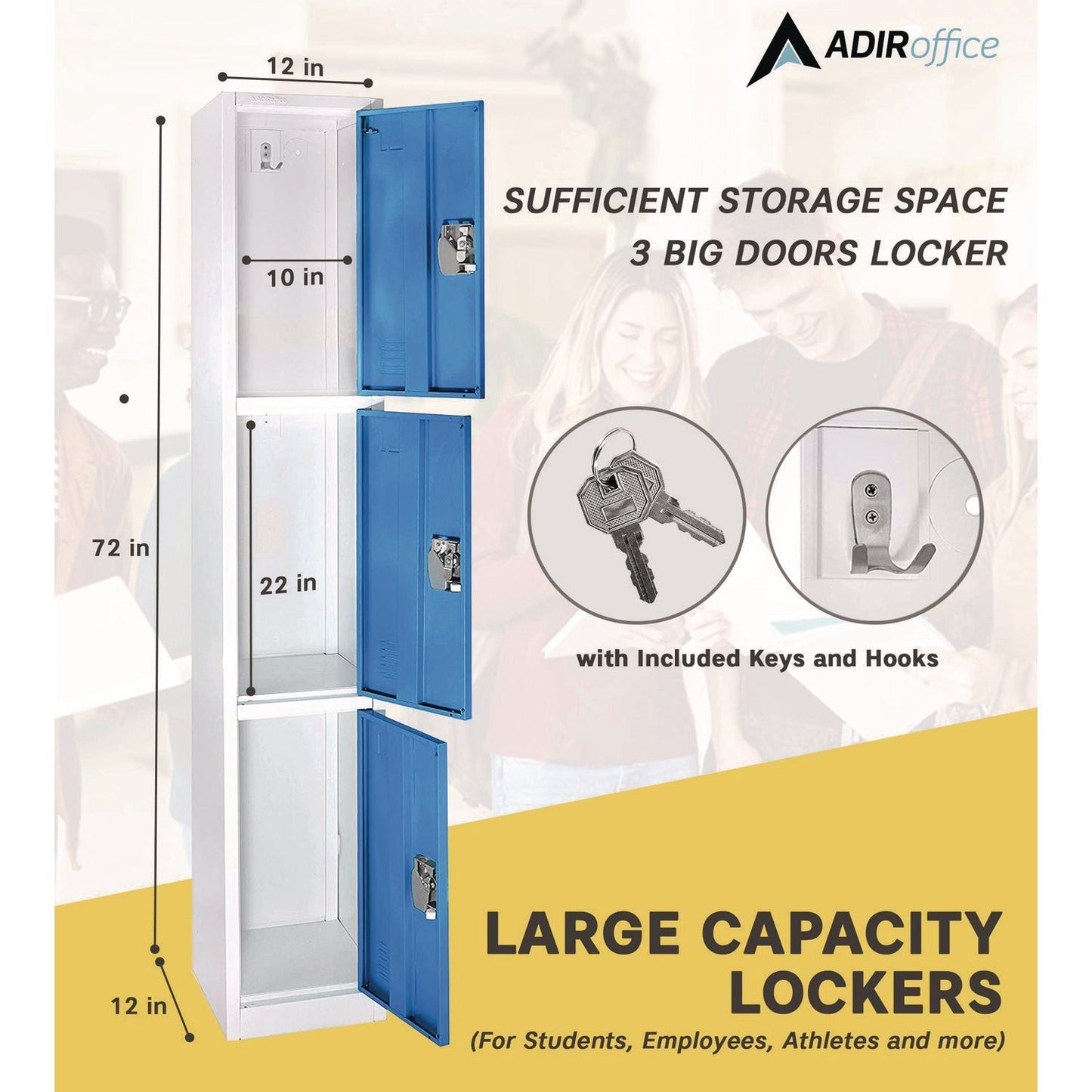AdirOffice Steel Storage Locker, 3 Compartment, 12 x 12 x 72, Blue