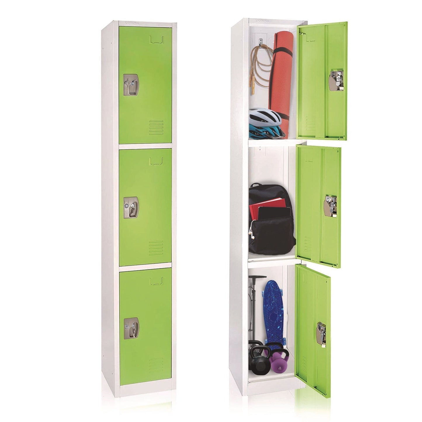 AdirOffice Steel Storage Locker, 3 Compartment, 12 x 12 x 72, Green