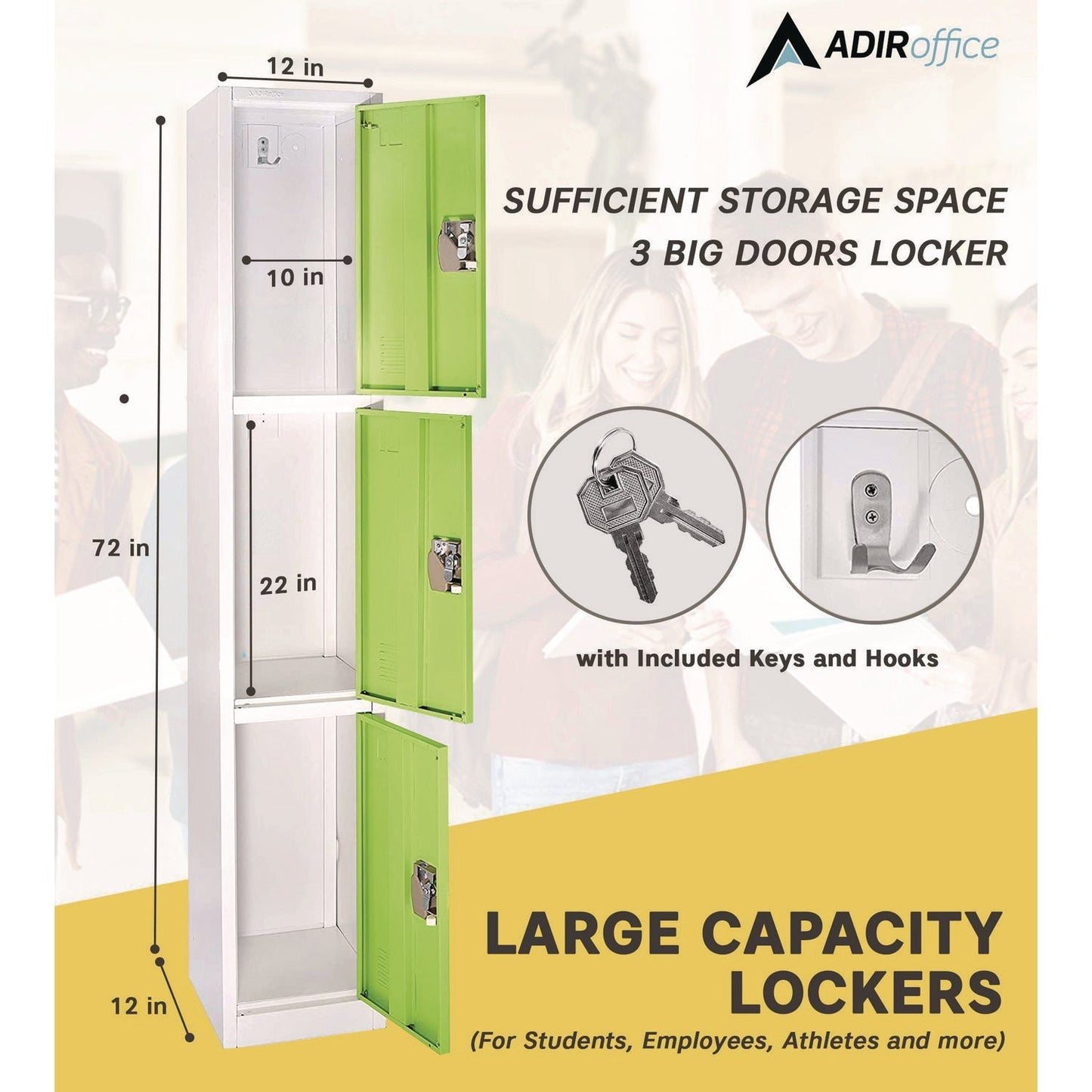 AdirOffice Steel Storage Locker, 3 Compartment, 12 x 12 x 72, Green
