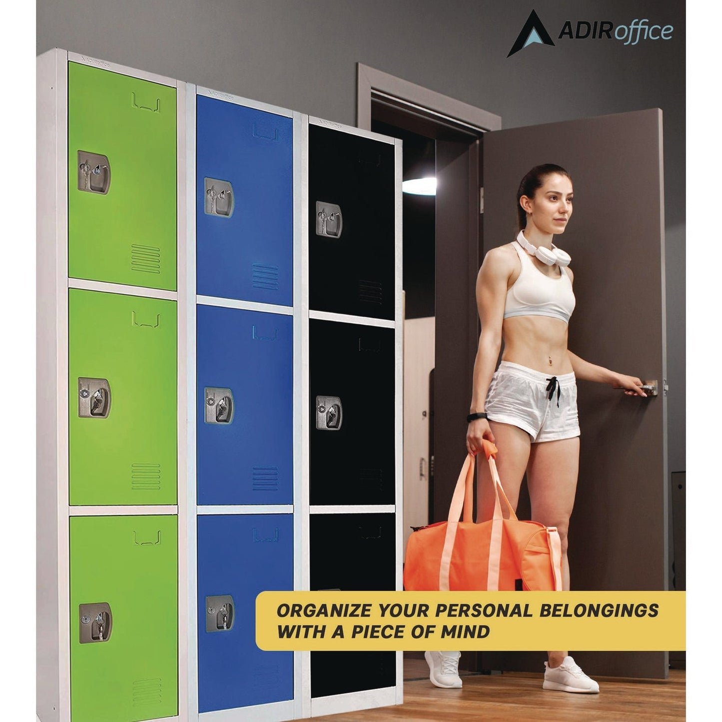 AdirOffice Steel Storage Locker, 3 Compartment, 12 x 12 x 72, Green
