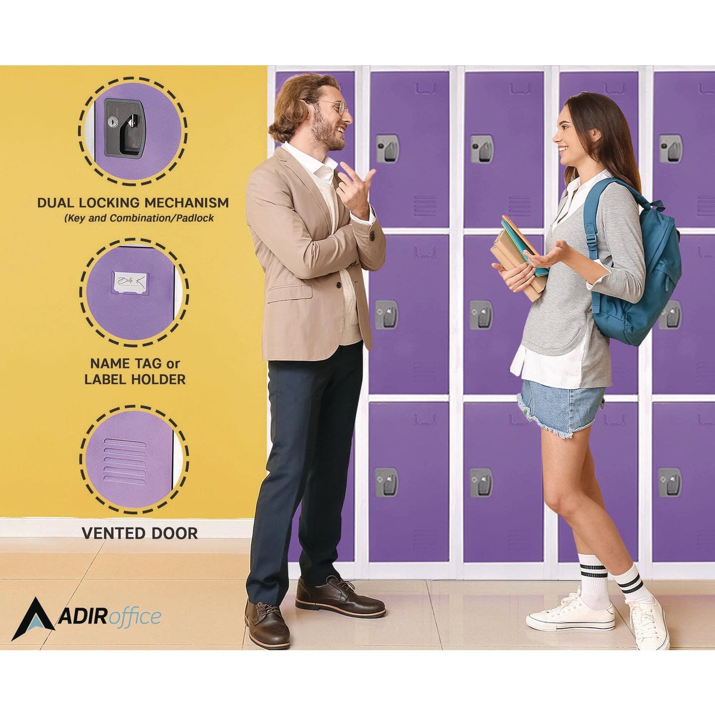 AdirOffice Steel Storage Locker, 3 Compartment, 12 x 12 x 72, Purple