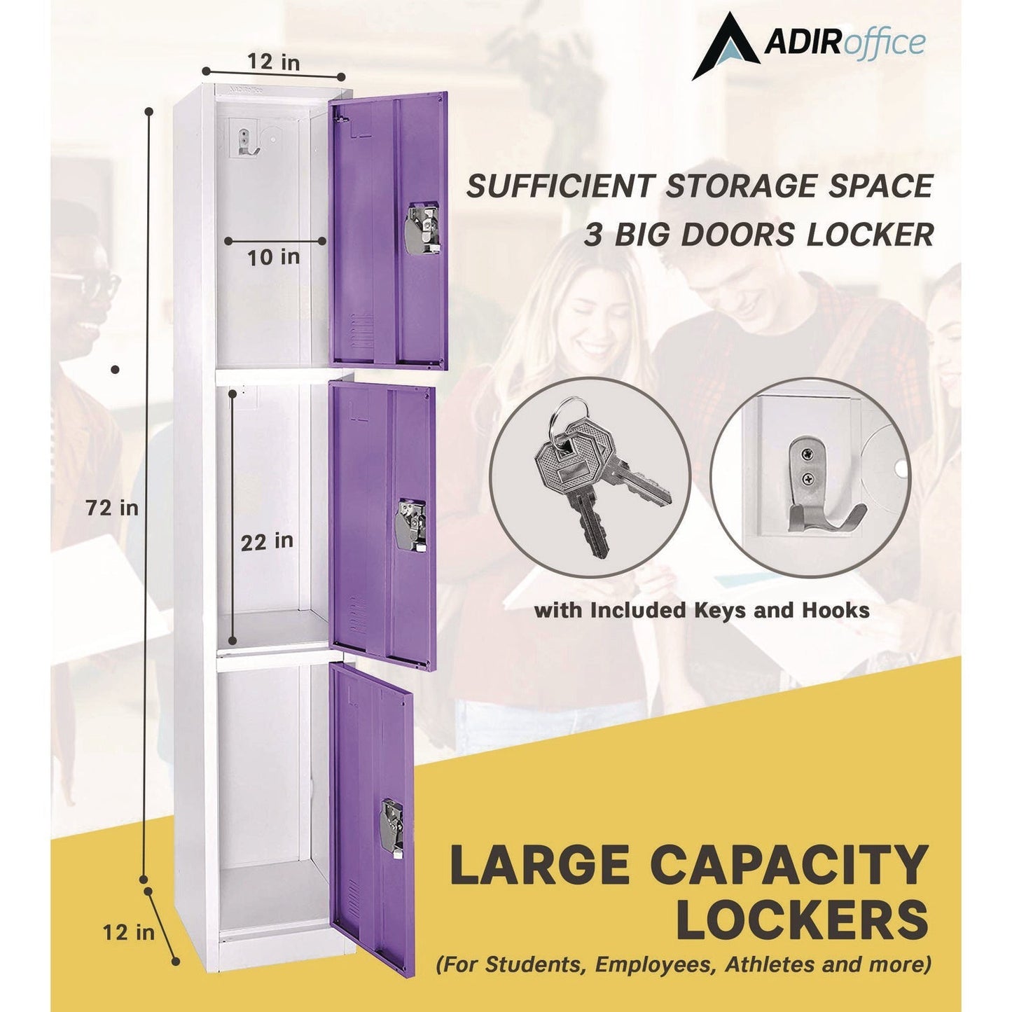 AdirOffice Steel Storage Locker, 3 Compartment, 12 x 12 x 72, Purple