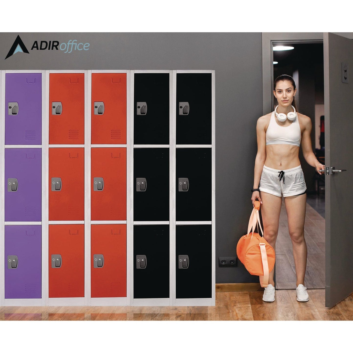 AdirOffice Steel Storage Locker, 3 Compartment, 12 x 12 x 72, Purple