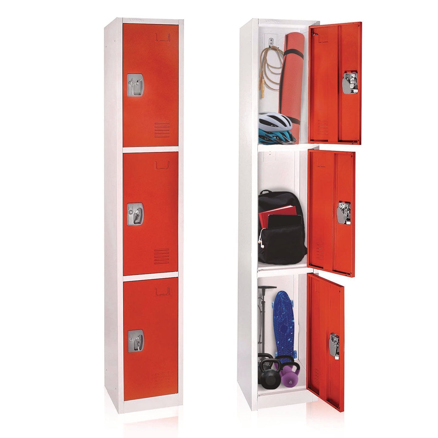 AdirOffice Steel Storage Locker, 3 Compartment, 12 x 12 x 72, Red