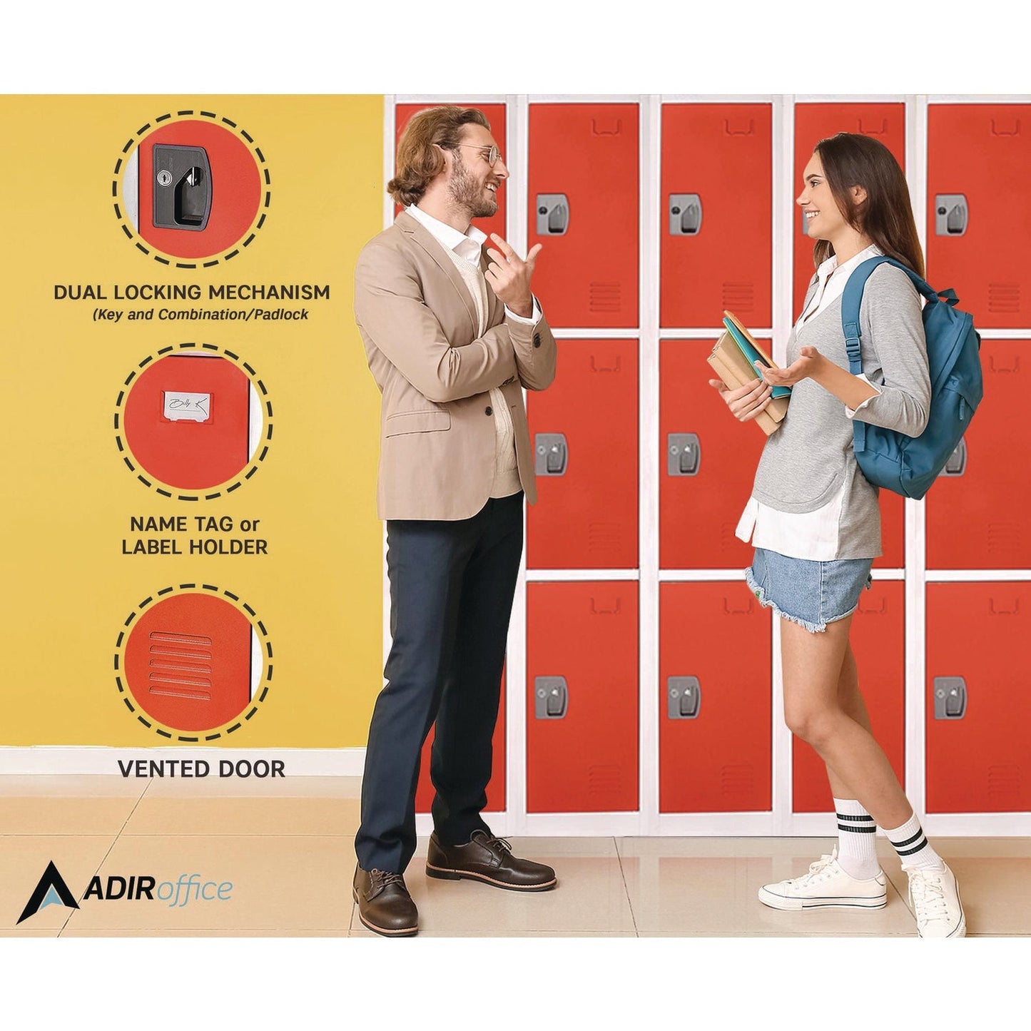 AdirOffice Steel Storage Locker, 3 Compartment, 12 x 12 x 72, Red