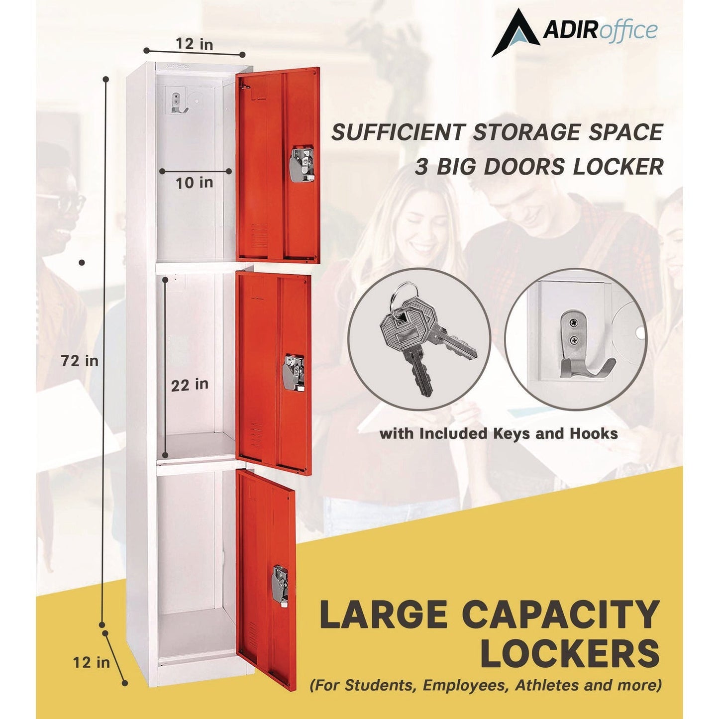 AdirOffice Steel Storage Locker, 3 Compartment, 12 x 12 x 72, Red