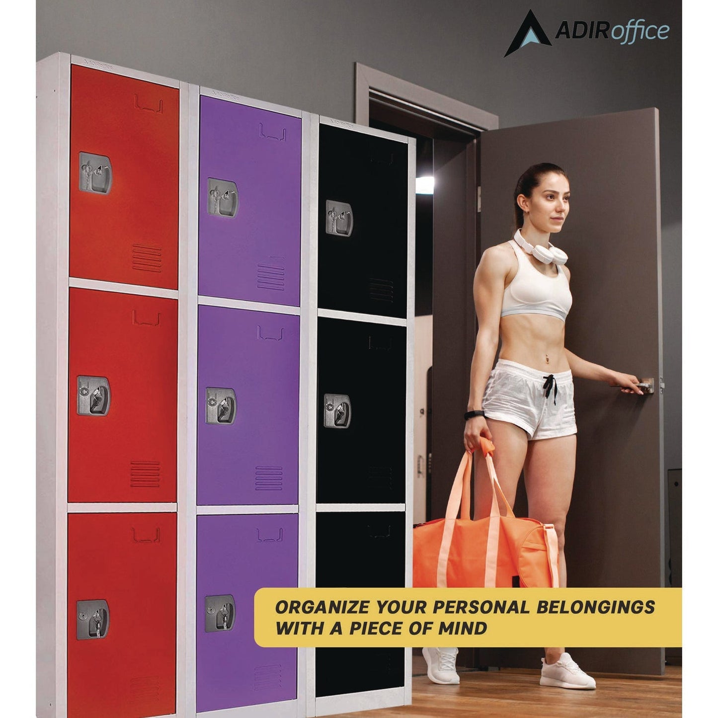 AdirOffice Steel Storage Locker, 3 Compartment, 12 x 12 x 72, Red