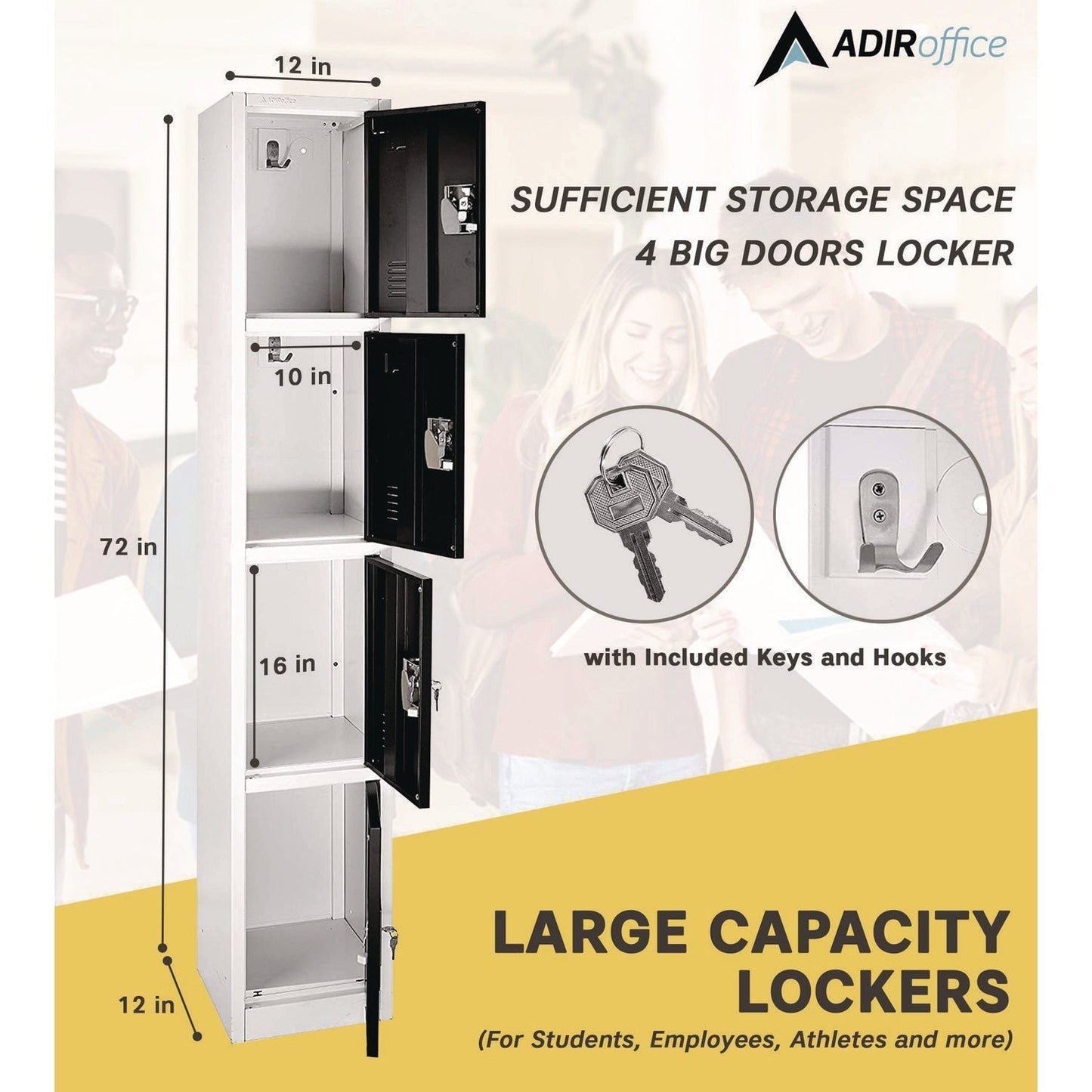 AdirOffice Steel Storage Locker, 4 Compartment, 12 x 12 x 72, Black