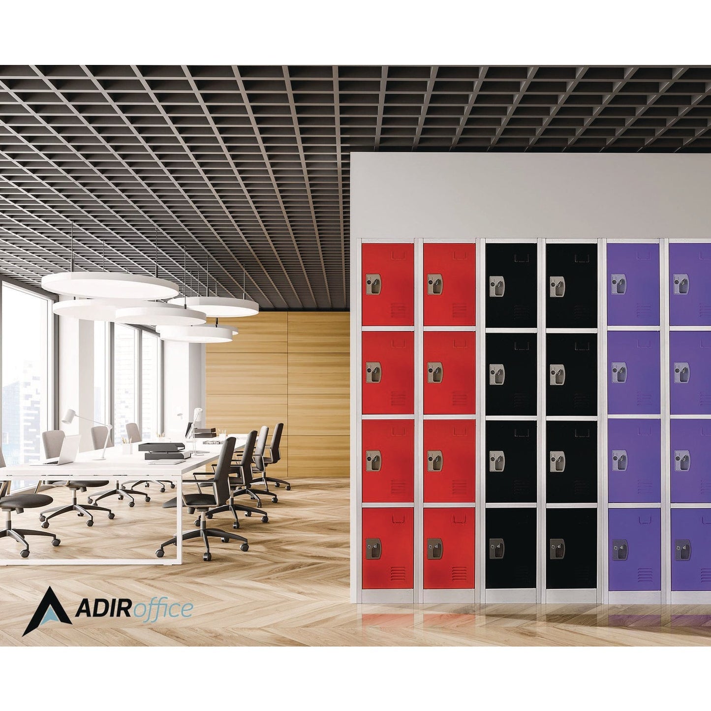 AdirOffice Steel Storage Locker, 4 Compartment, 12 x 12 x 72, Purple