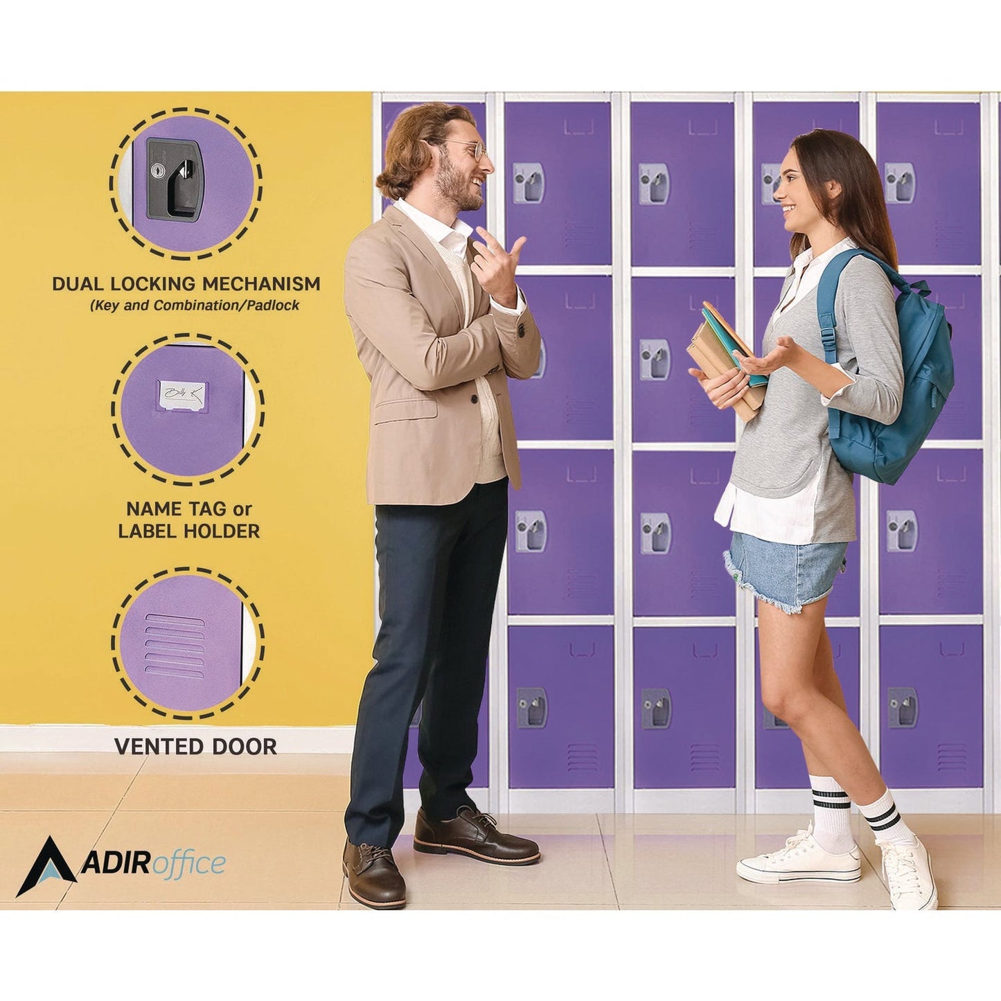AdirOffice Steel Storage Locker, 4 Compartment, 12 x 12 x 72, Purple