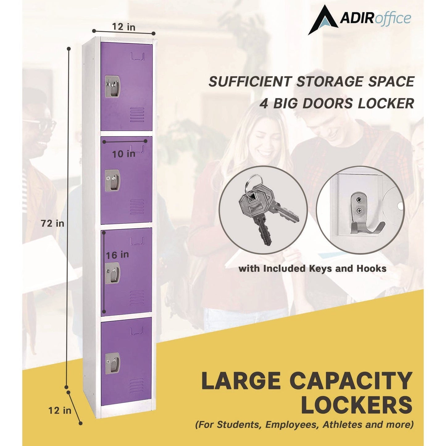 AdirOffice Steel Storage Locker, 4 Compartment, 12 x 12 x 72, Purple