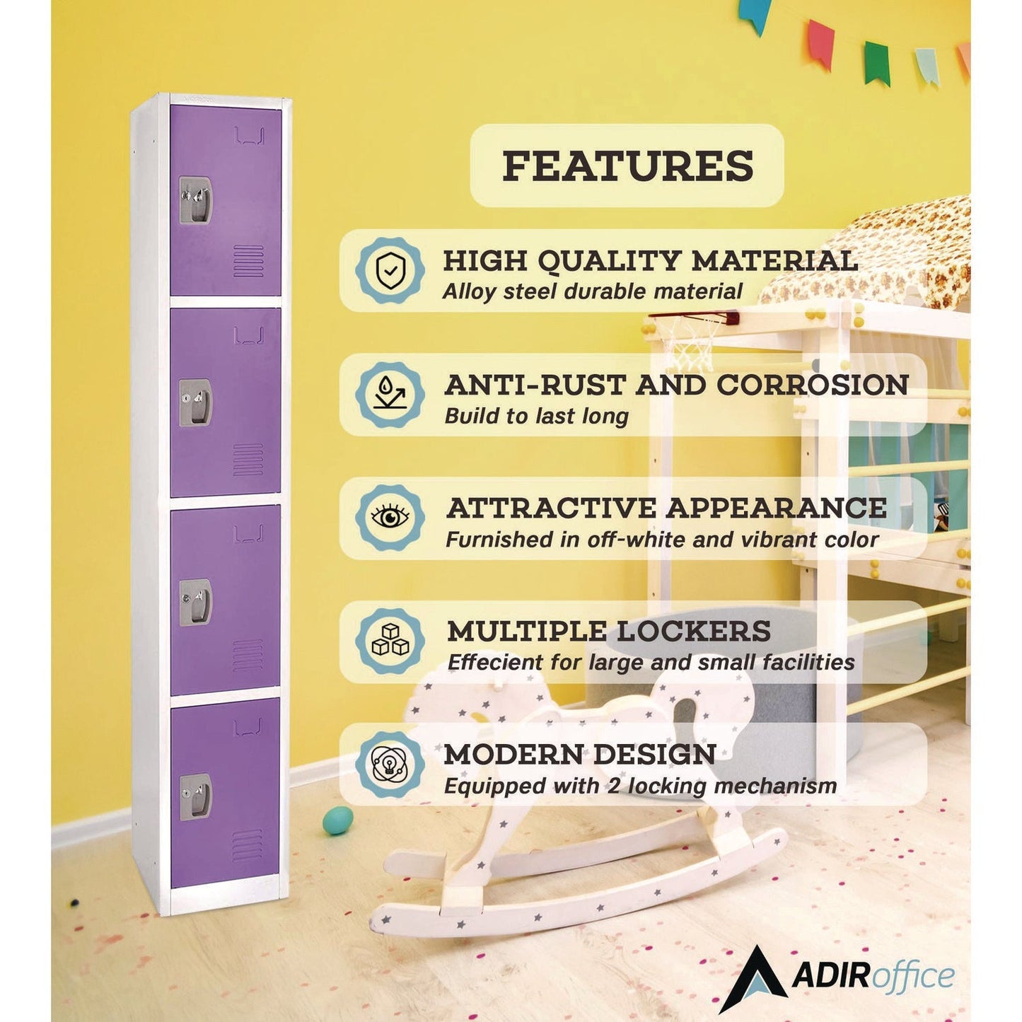 AdirOffice Steel Storage Locker, 4 Compartment, 12 x 12 x 72, Purple