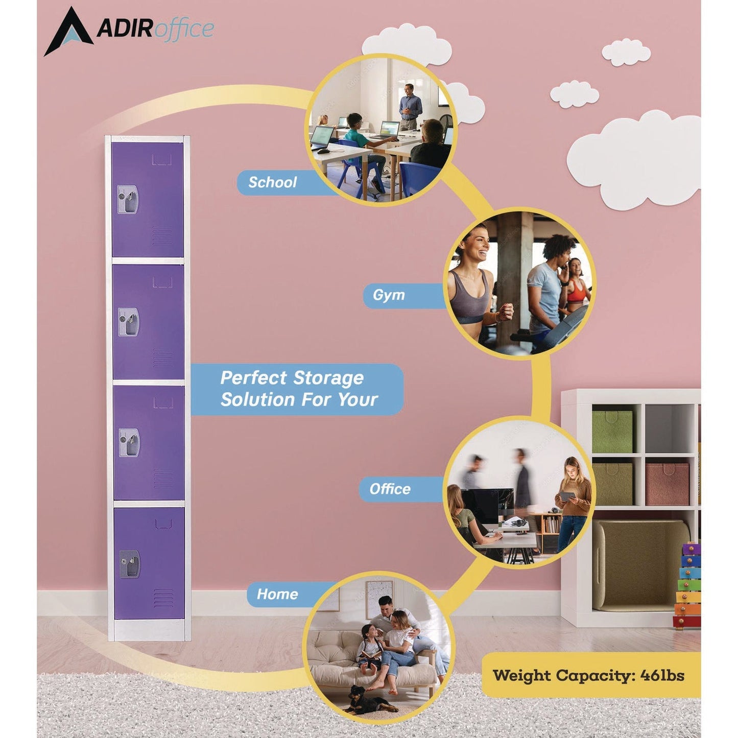AdirOffice Steel Storage Locker, 4 Compartment, 12 x 12 x 72, Purple