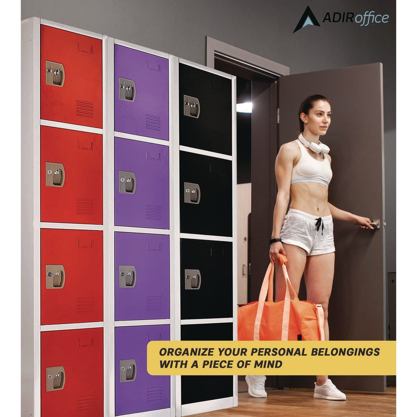 AdirOffice Steel Storage Locker, 4 Compartment, 12 x 12 x 72, Purple