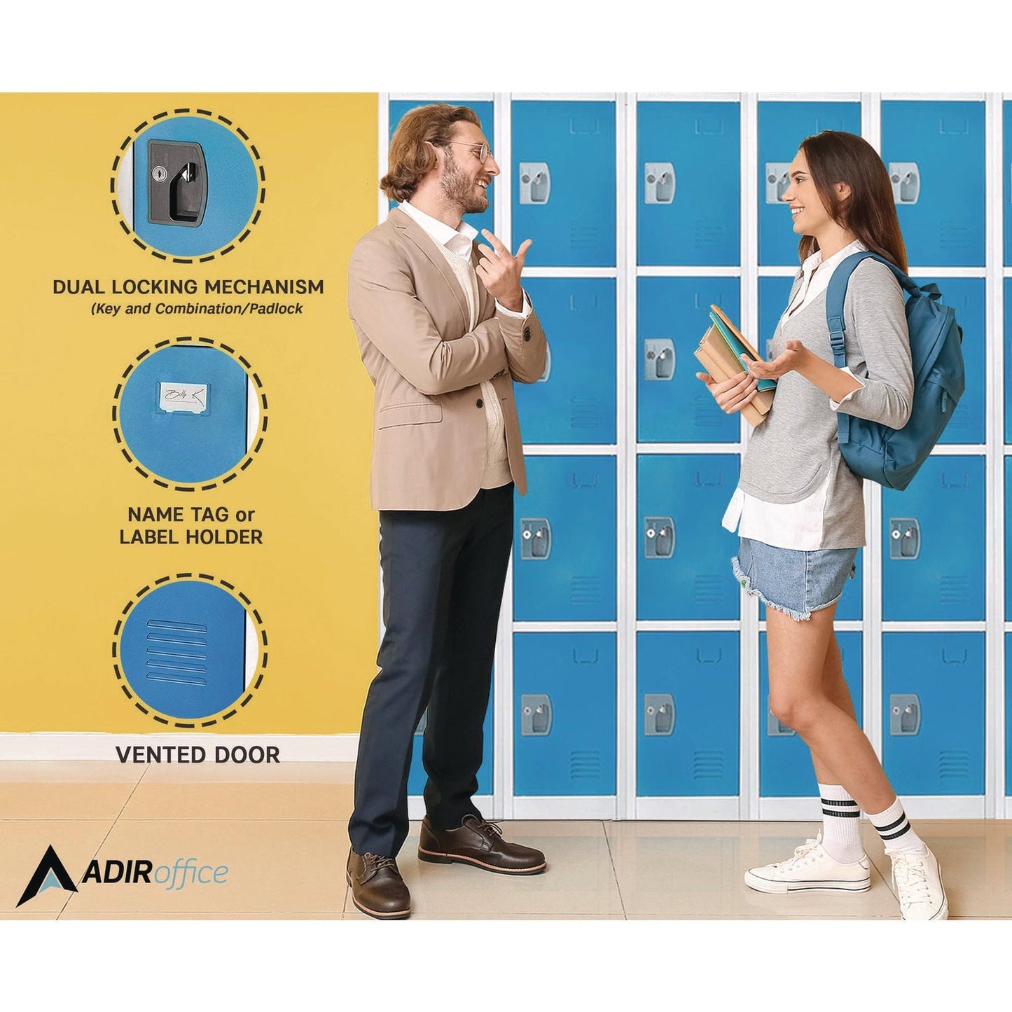 AdirOffice Steel Storage Locker, 4 Compartment, 12 x 12 x 72, Blue
