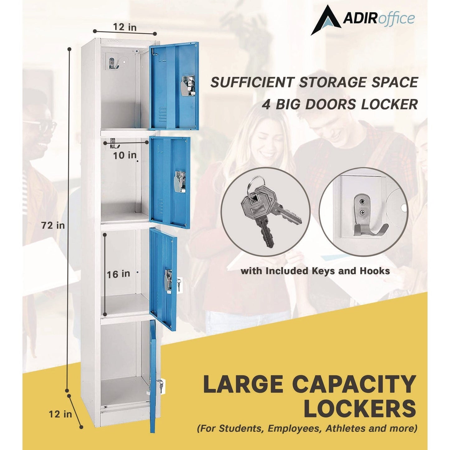 AdirOffice Steel Storage Locker, 4 Compartment, 12 x 12 x 72, Blue