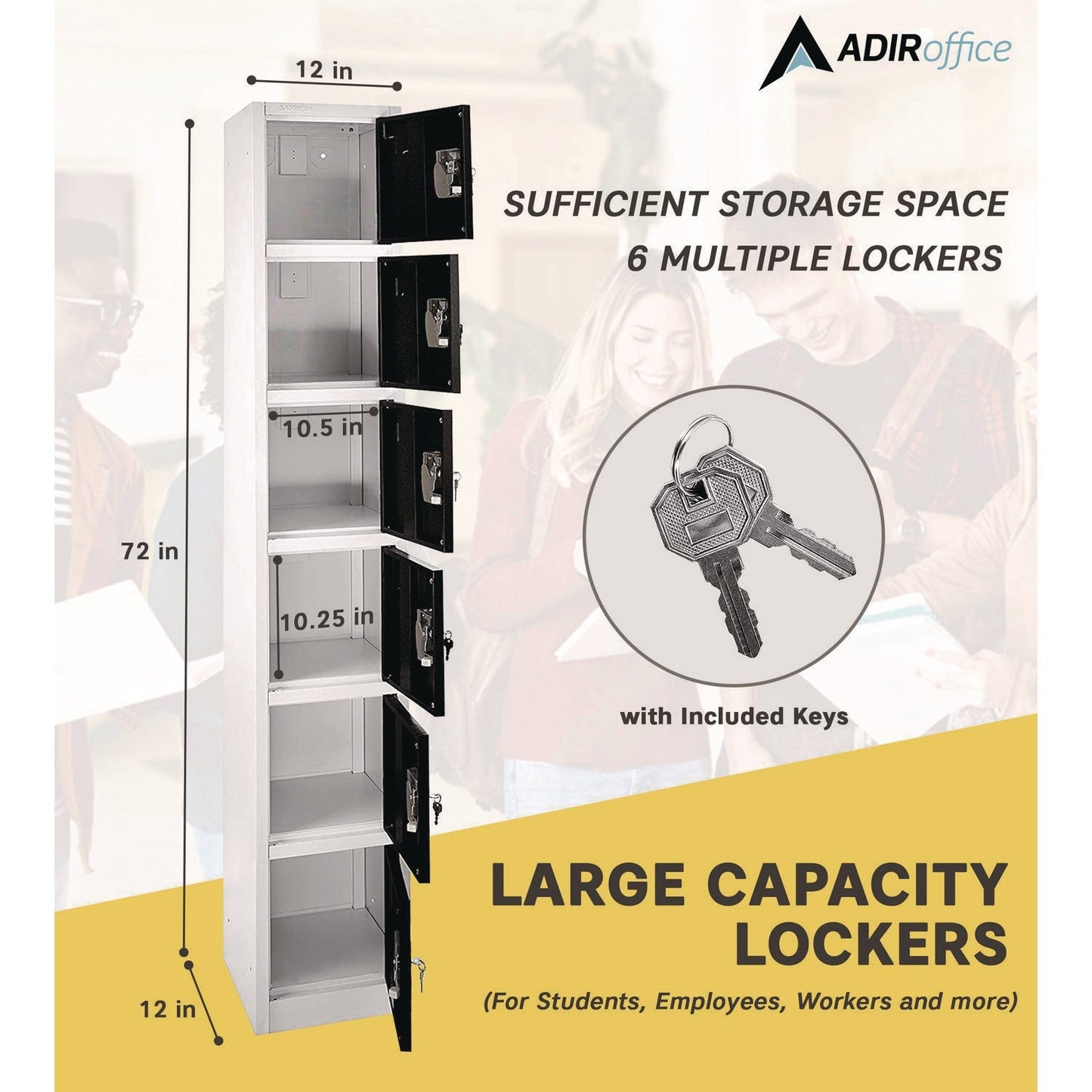 AdirOffice Steel Storage Locker, 6 Compartment, 12 x 12 x 72, Black
