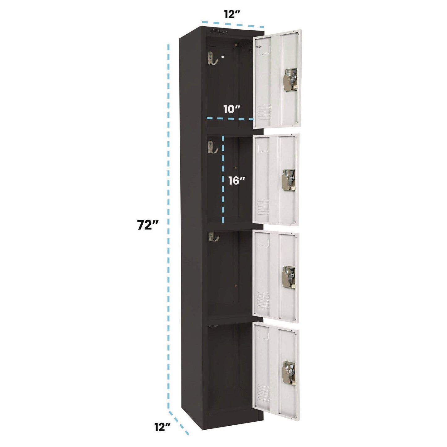 AdirOffice Steel Storage Locker, 4 Compartment, 12 x 12 x 72, Black Body/White Doors