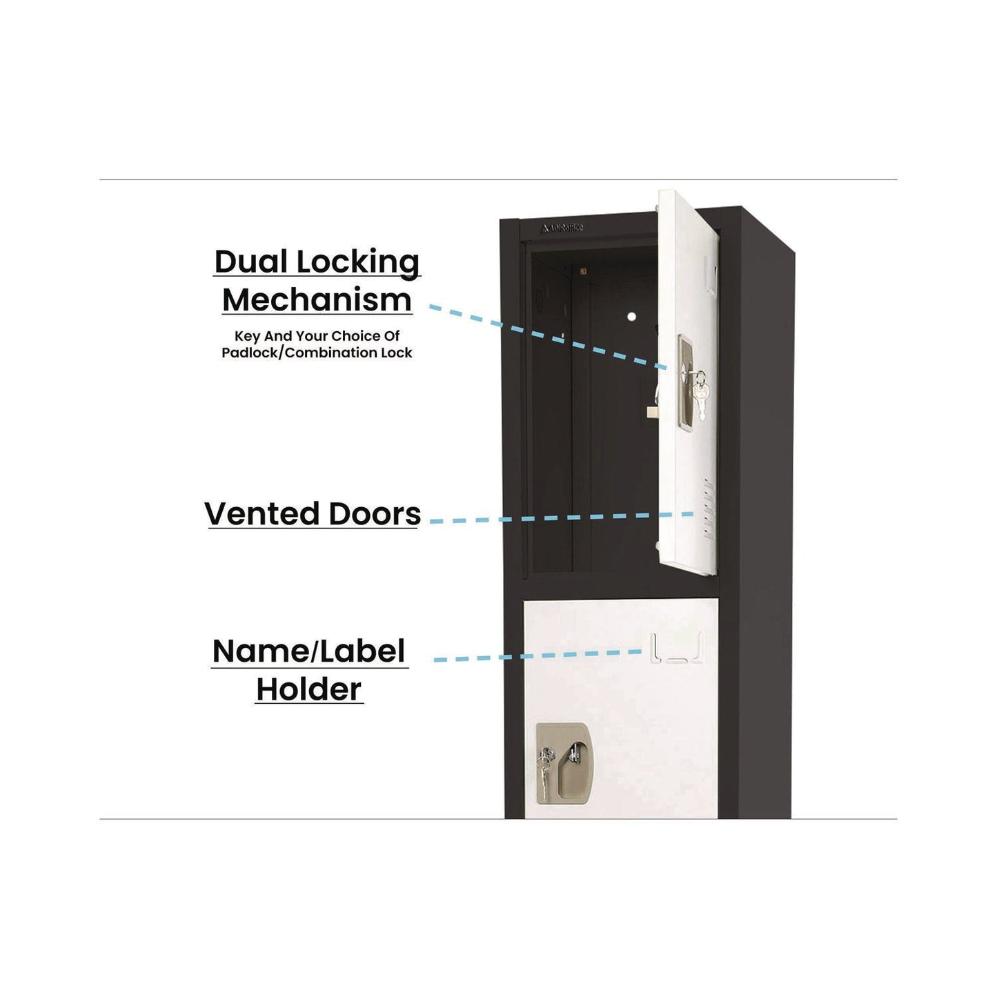 AdirOffice Steel Storage Locker, 4 Compartment, 12 x 12 x 72, Black Body/White Doors