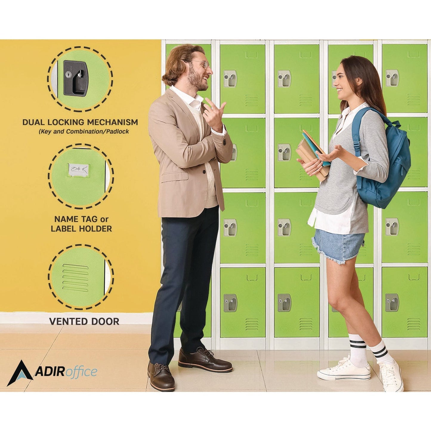 AdirOffice Steel Storage Locker, 4 Compartment, 12 x 12 x 72, Green