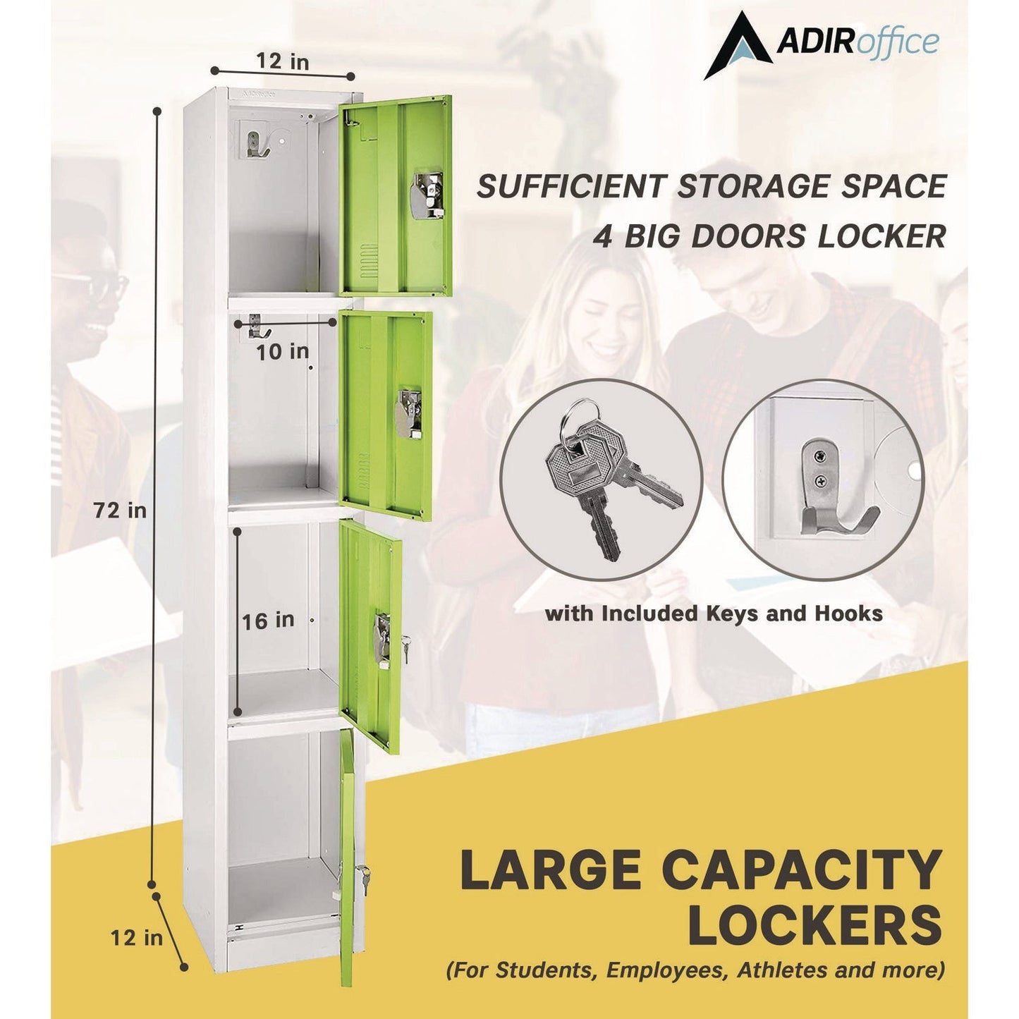 AdirOffice Steel Storage Locker, 4 Compartment, 12 x 12 x 72, Green