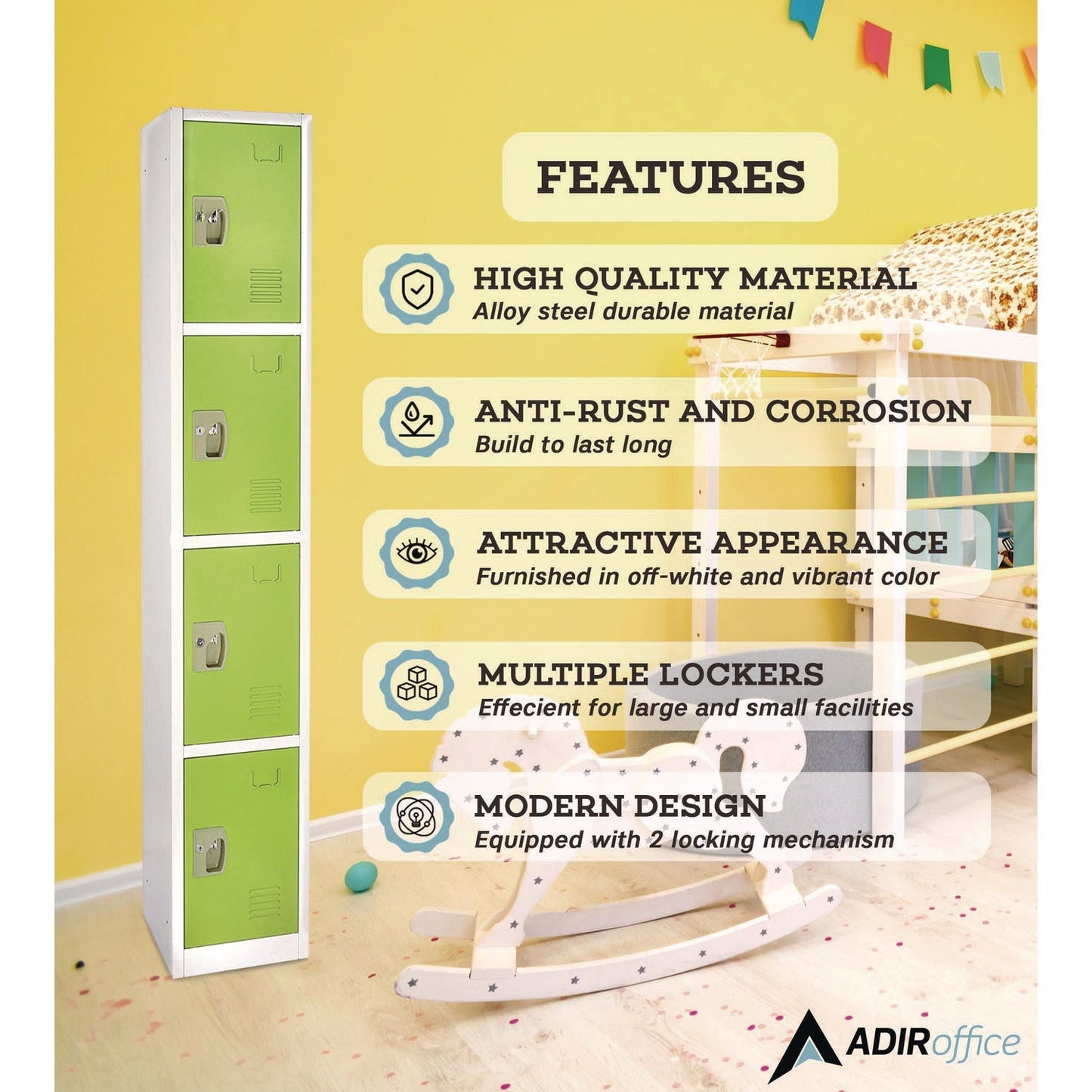 AdirOffice Steel Storage Locker, 4 Compartment, 12 x 12 x 72, Green
