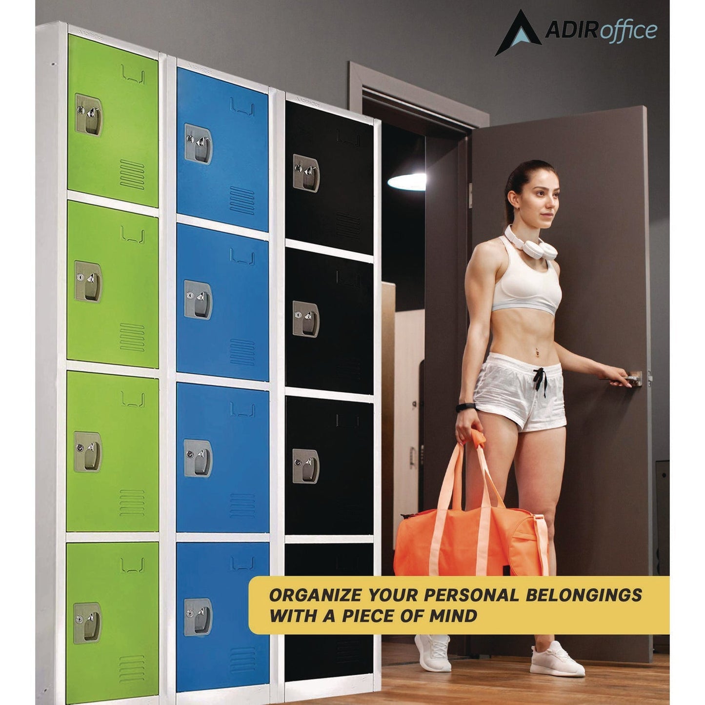 AdirOffice Steel Storage Locker, 4 Compartment, 12 x 12 x 72, Green