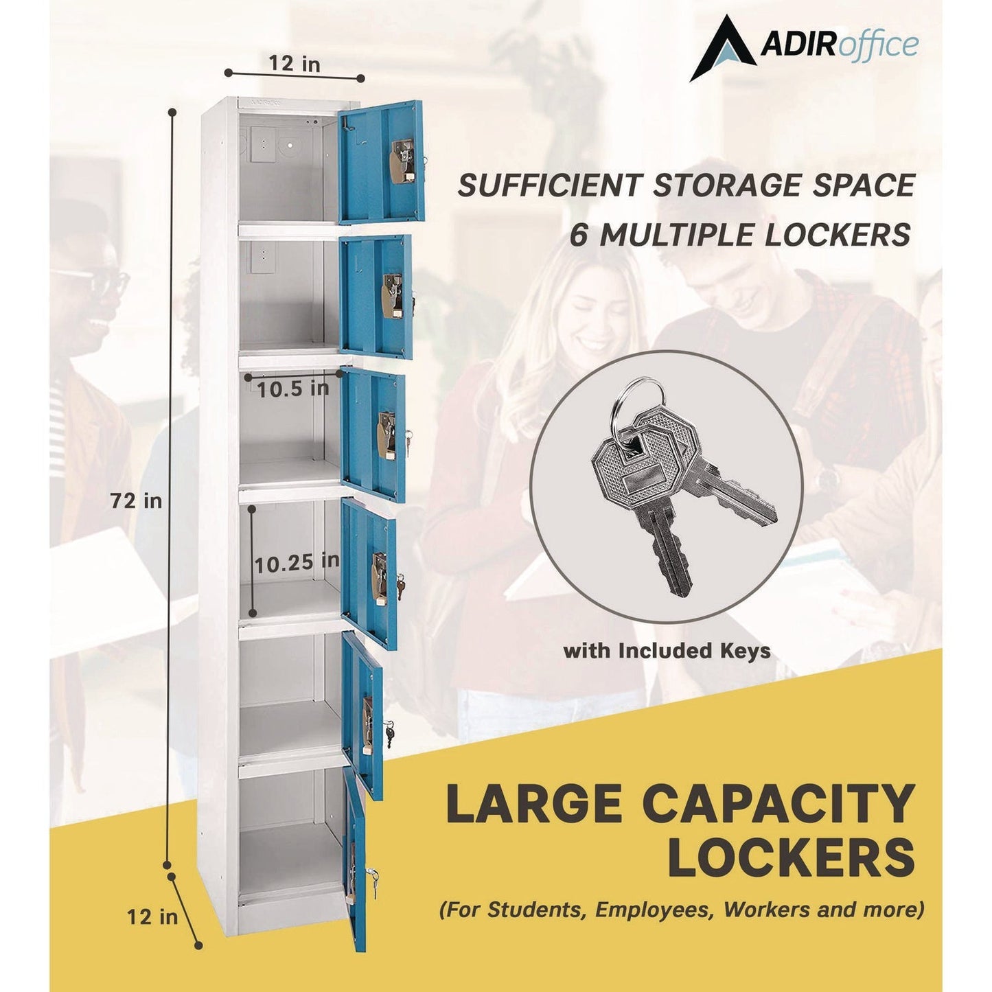 AdirOffice Steel Storage Locker, 6 Compartment, 12 x 12 x 72, Blue