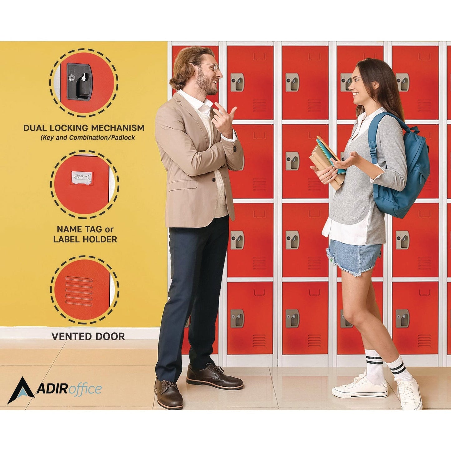 AdirOffice Steel Storage Locker, 4 Compartment, 12 x 12 x 72, Red