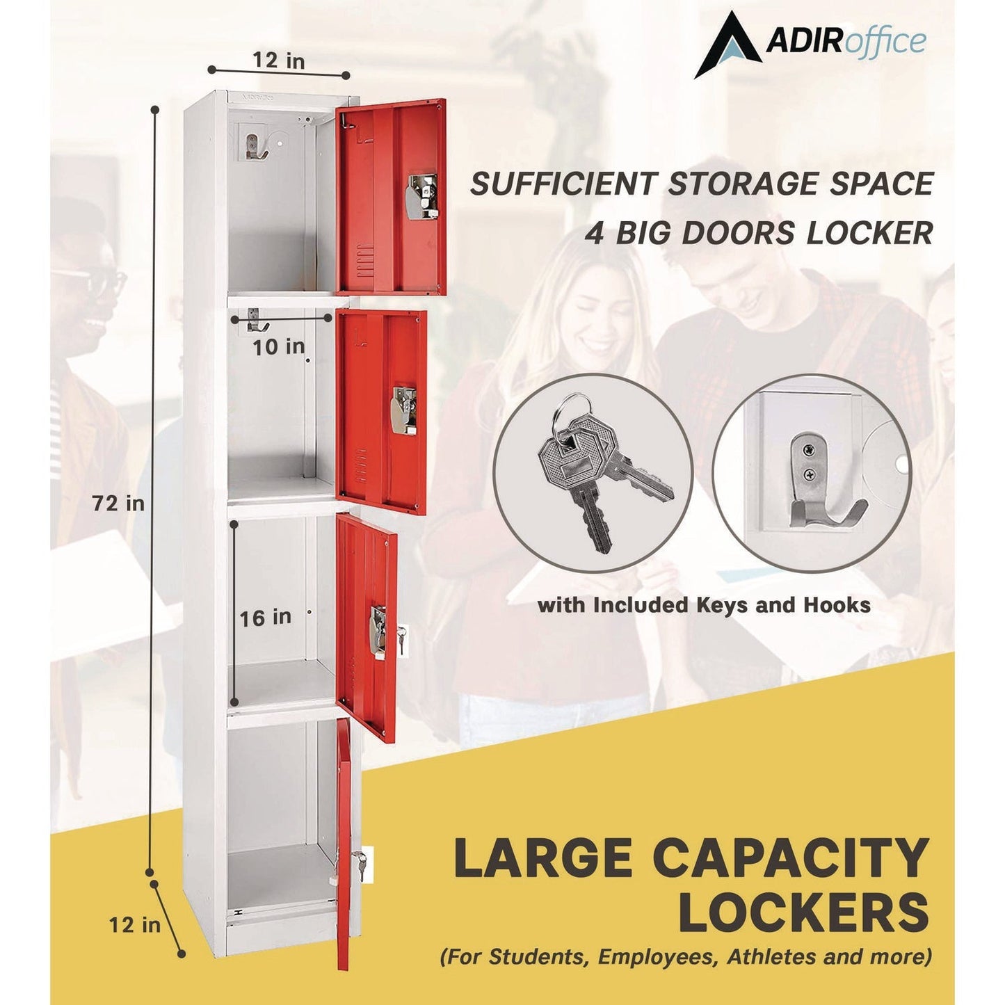 AdirOffice Steel Storage Locker, 4 Compartment, 12 x 12 x 72, Red