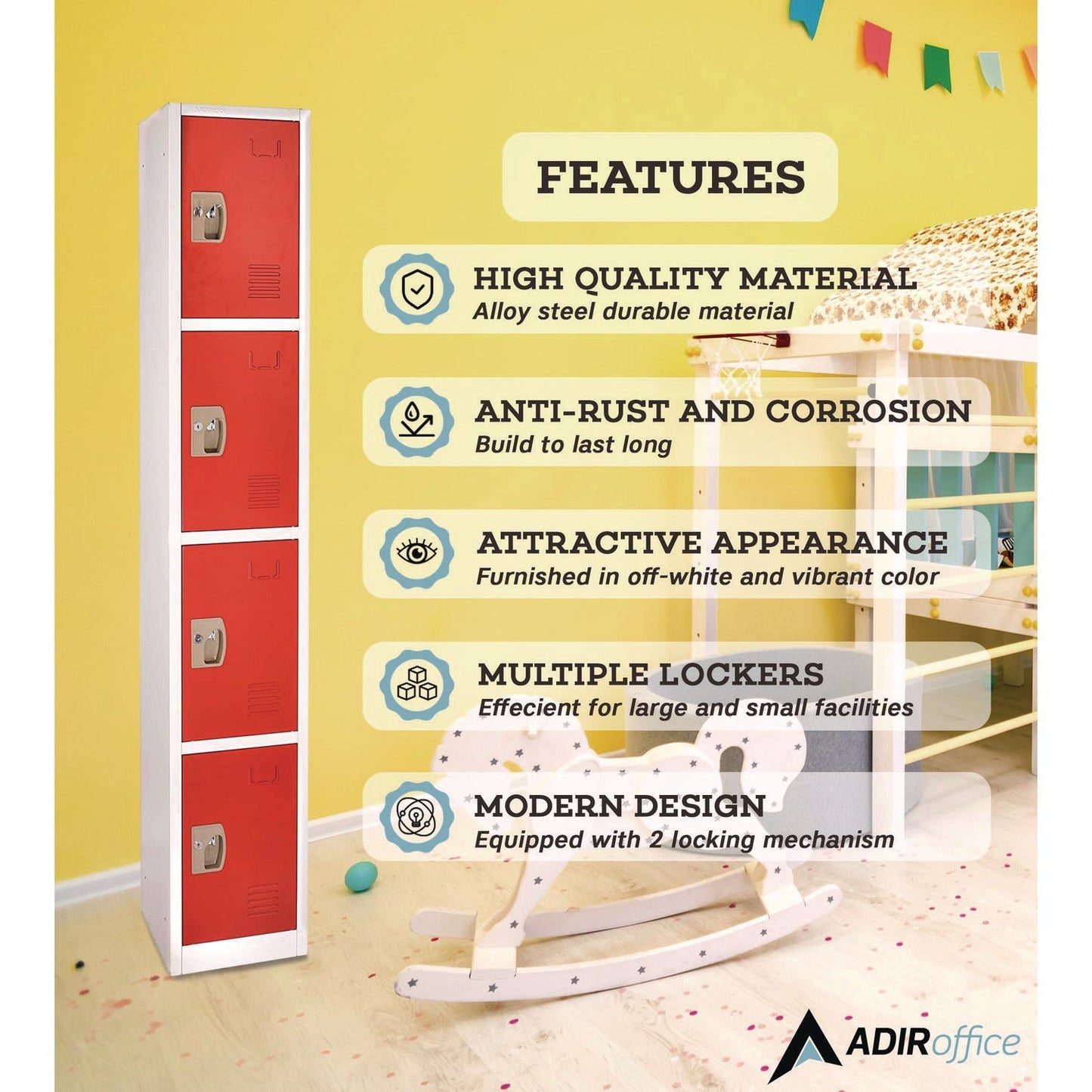 AdirOffice Steel Storage Locker, 4 Compartment, 12 x 12 x 72, Red