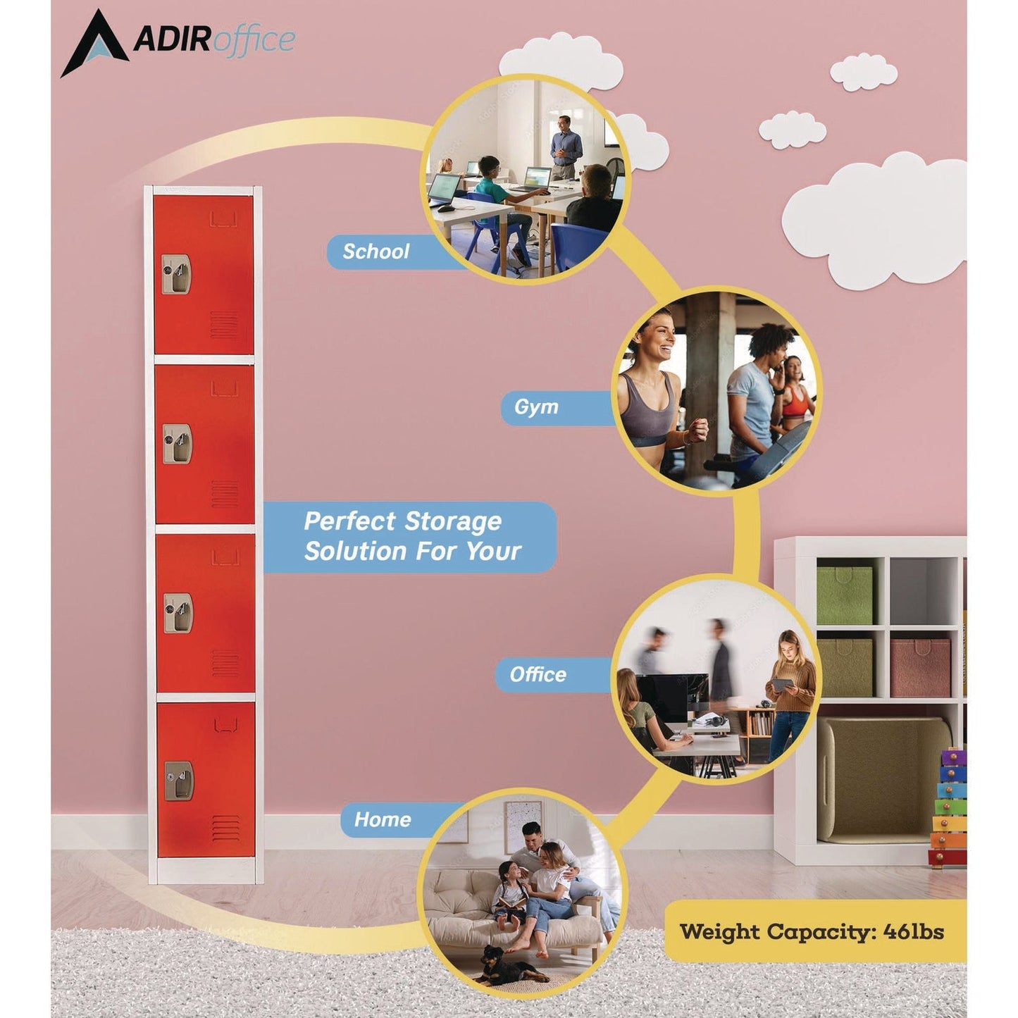 AdirOffice Steel Storage Locker, 4 Compartment, 12 x 12 x 72, Red