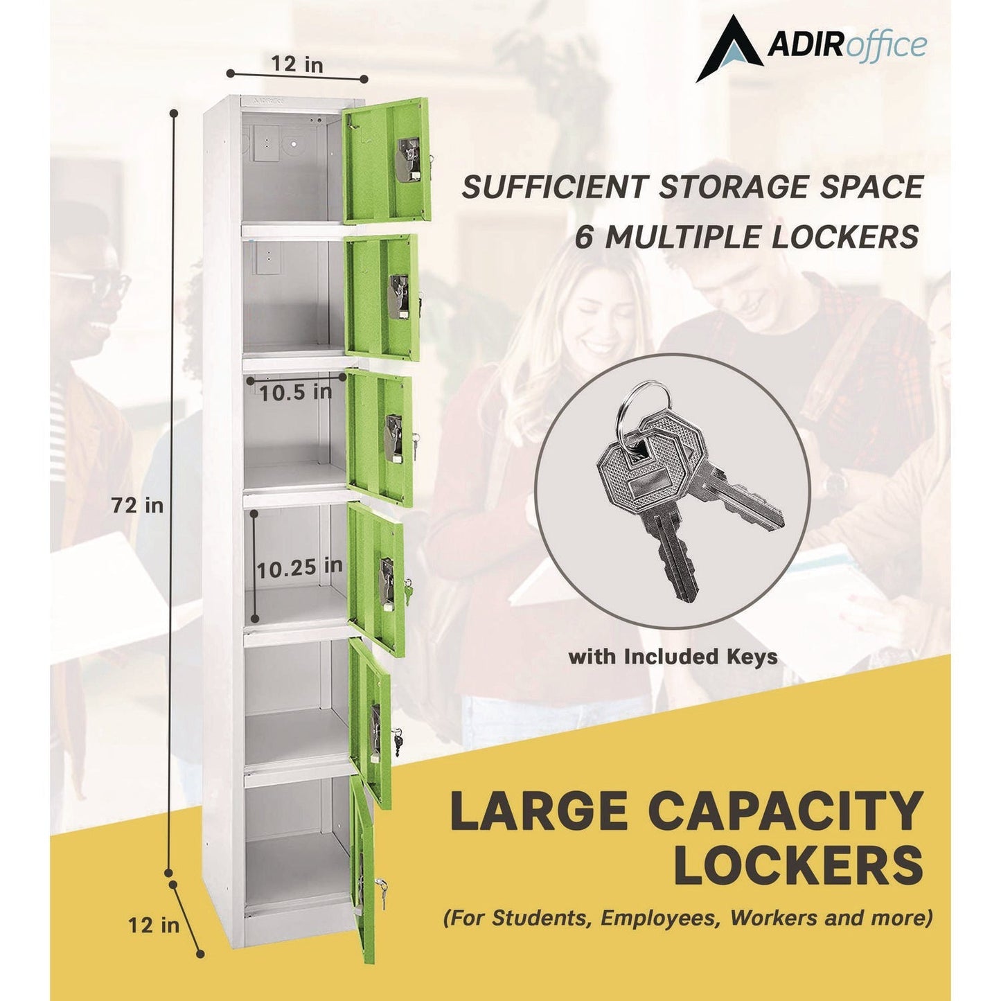 AdirOffice Steel Storage Locker, 6 Compartment, 12 x 12 x 72, Green